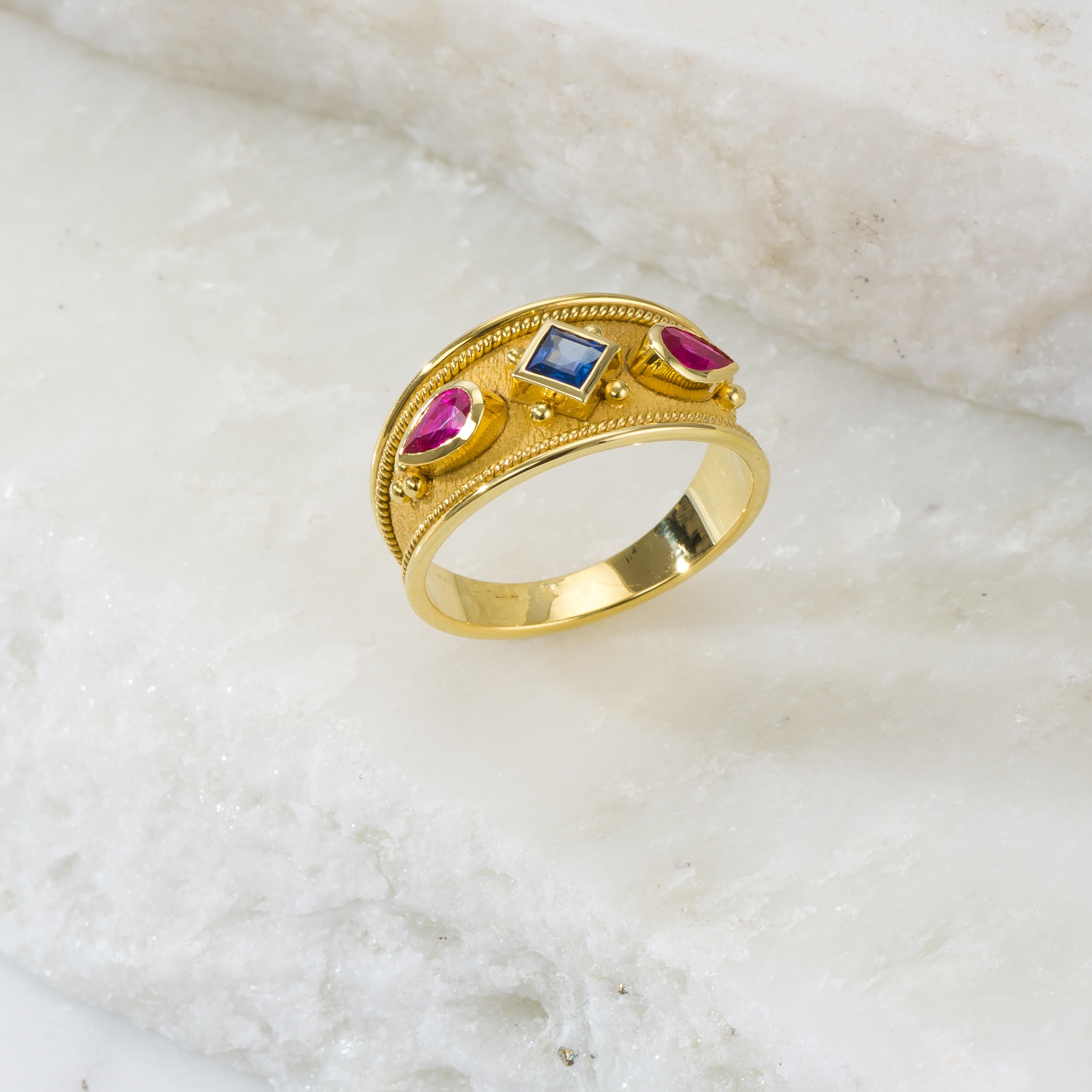 Square Cut Byzantine Gold Ring with Rubies and Sapphire For Sale