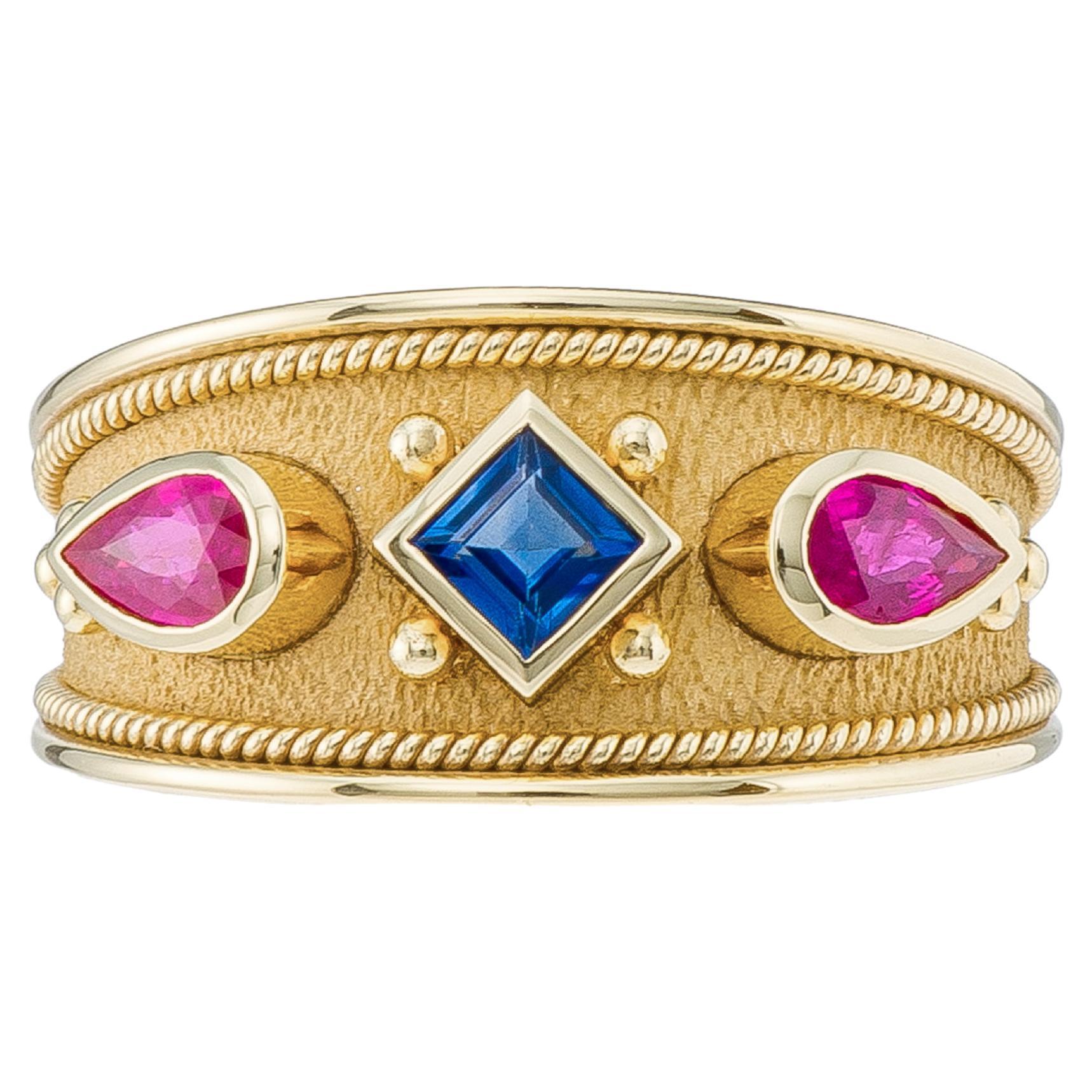 Byzantine Gold Ring with Rubies and Sapphire