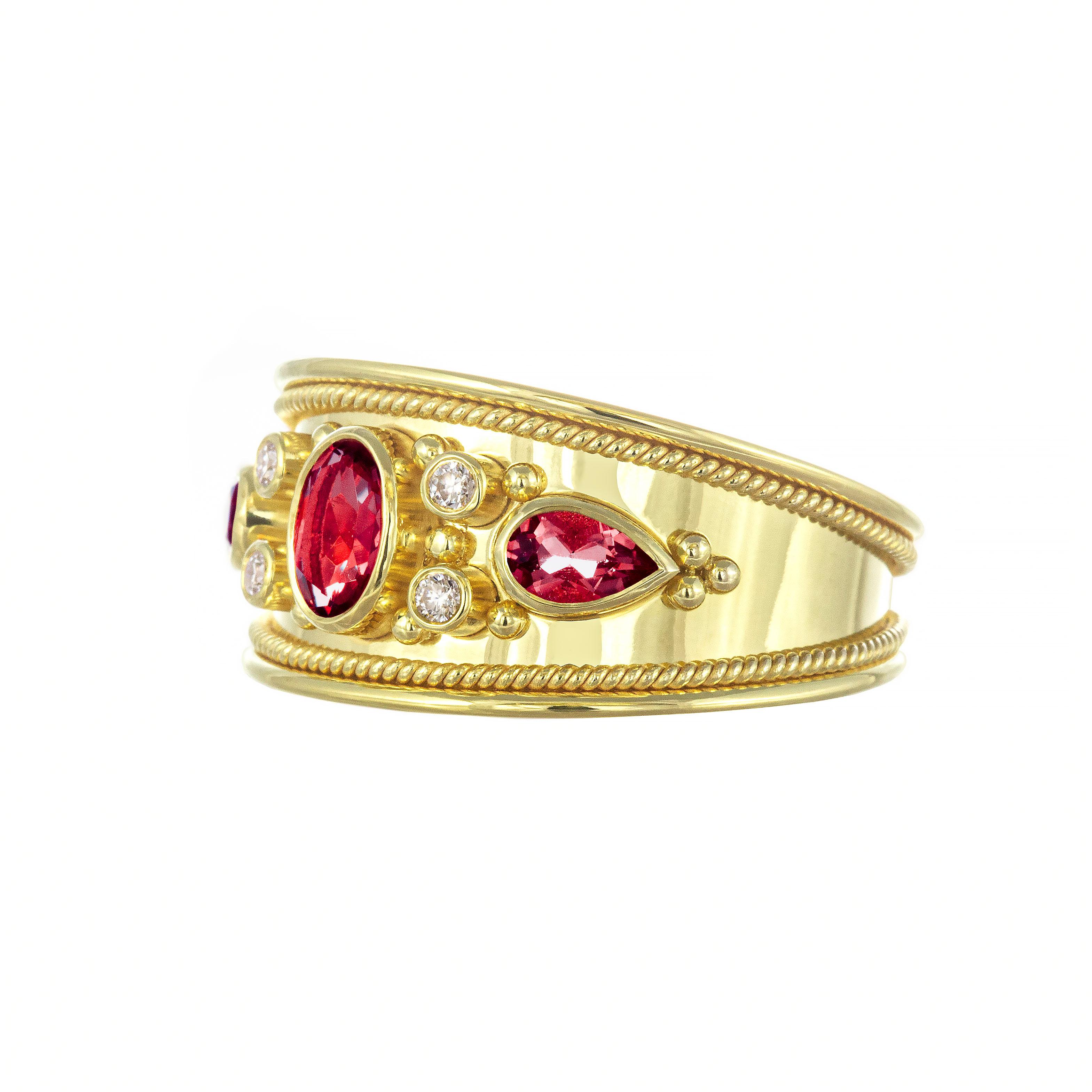 Pear Cut Byzantine Gold Ring with Rubies Diamonds and a Shiny Finish For Sale