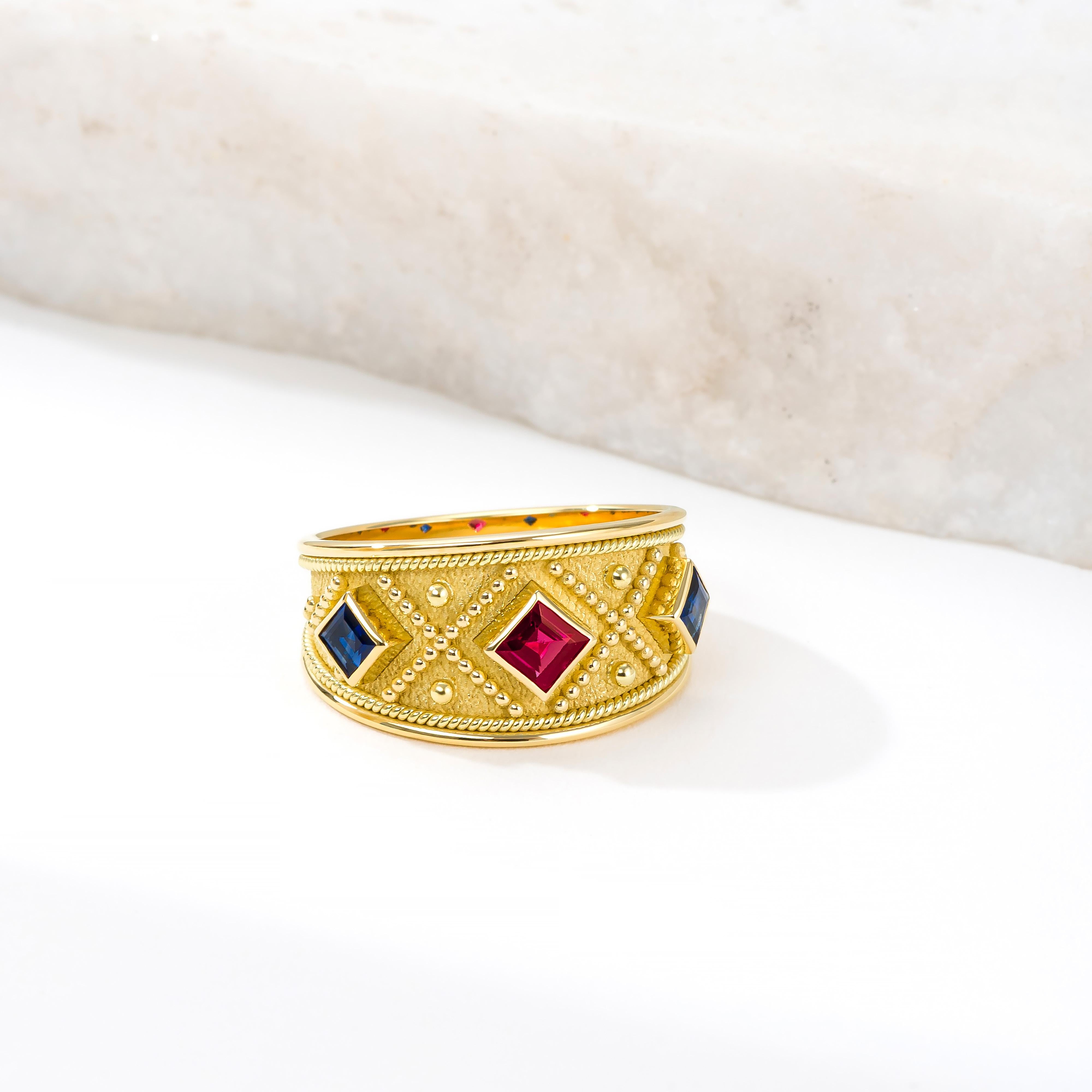 Square Cut Byzantine Gold Ring with Ruby and Sapphires For Sale