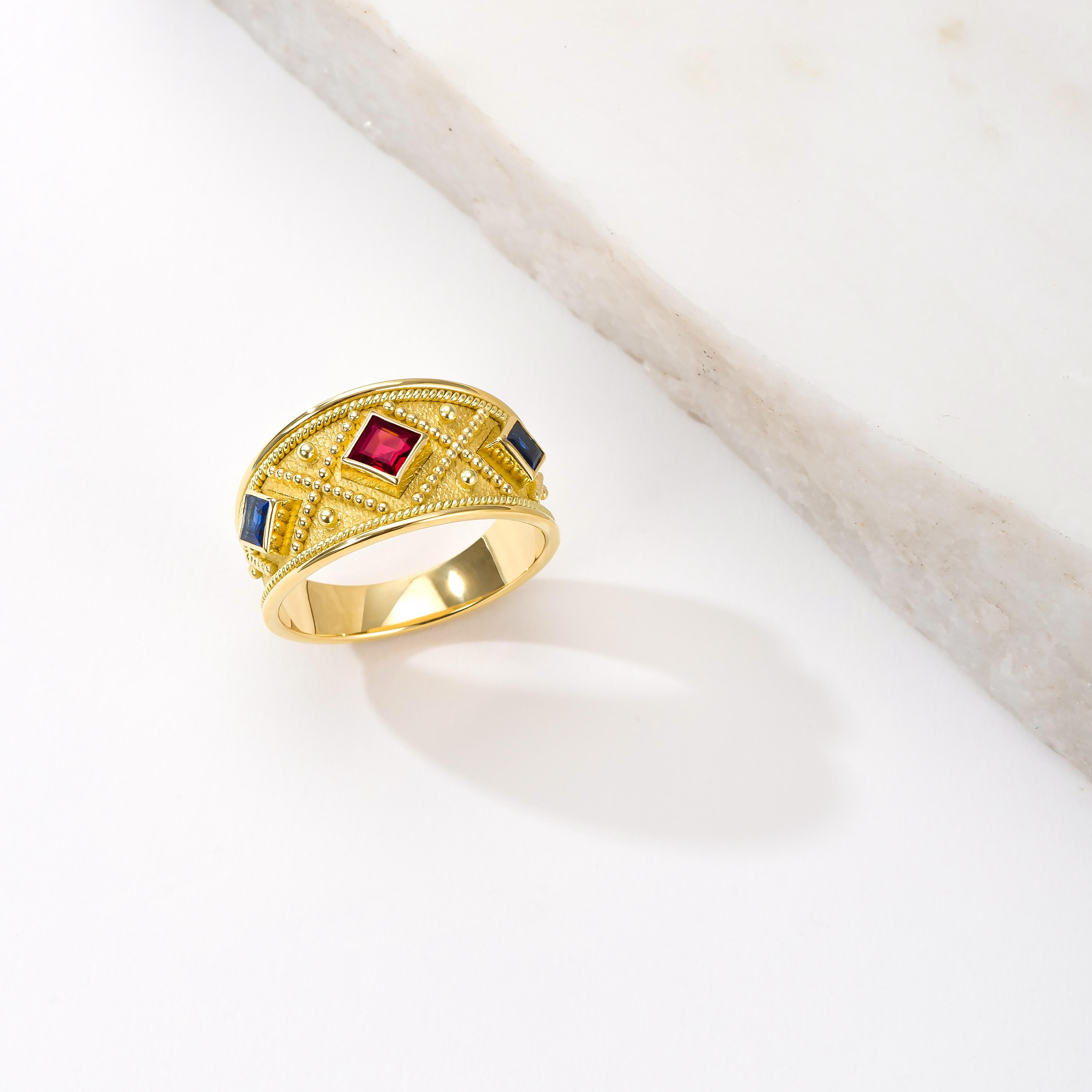 Women's Byzantine Gold Ring with Ruby and Sapphires For Sale