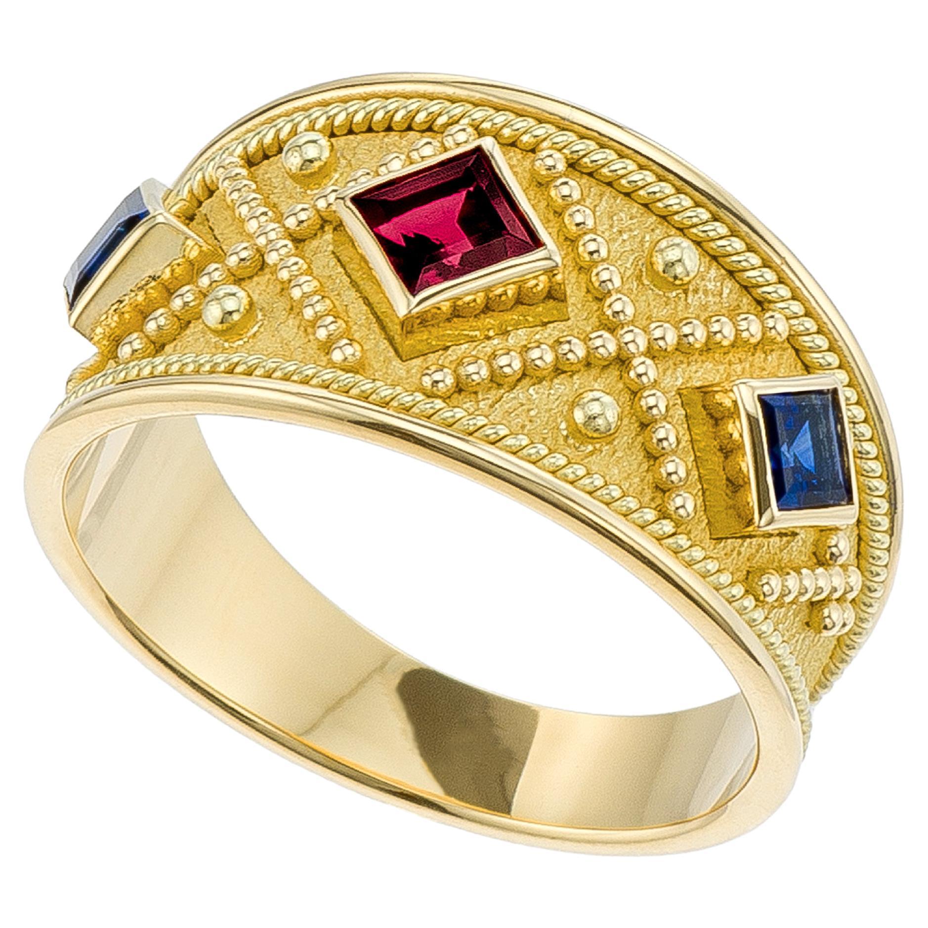 Byzantine Gold Ring with Ruby and Sapphires For Sale