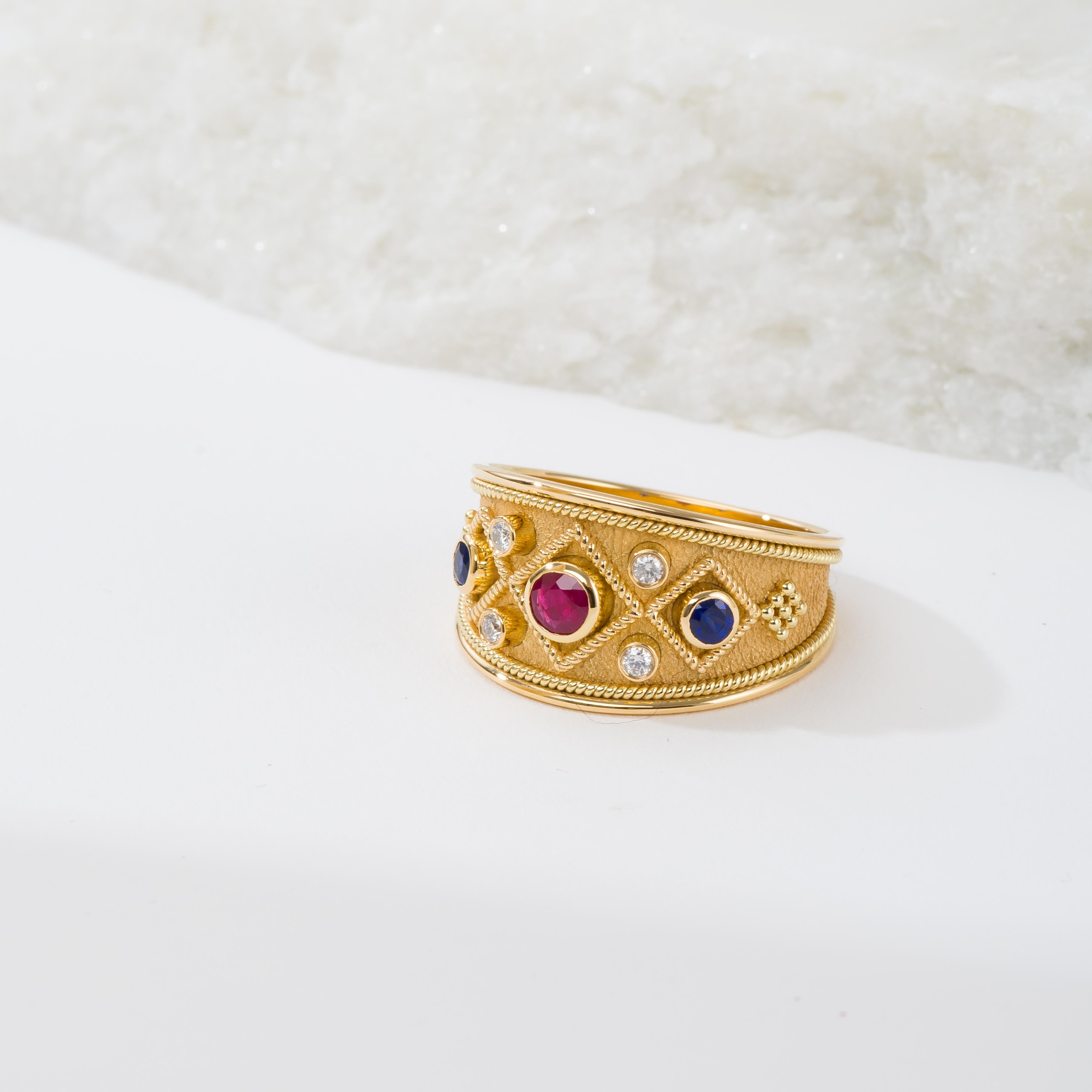 Round Cut Byzantine Gold Ring with Ruby Sapphires and Diamonds For Sale