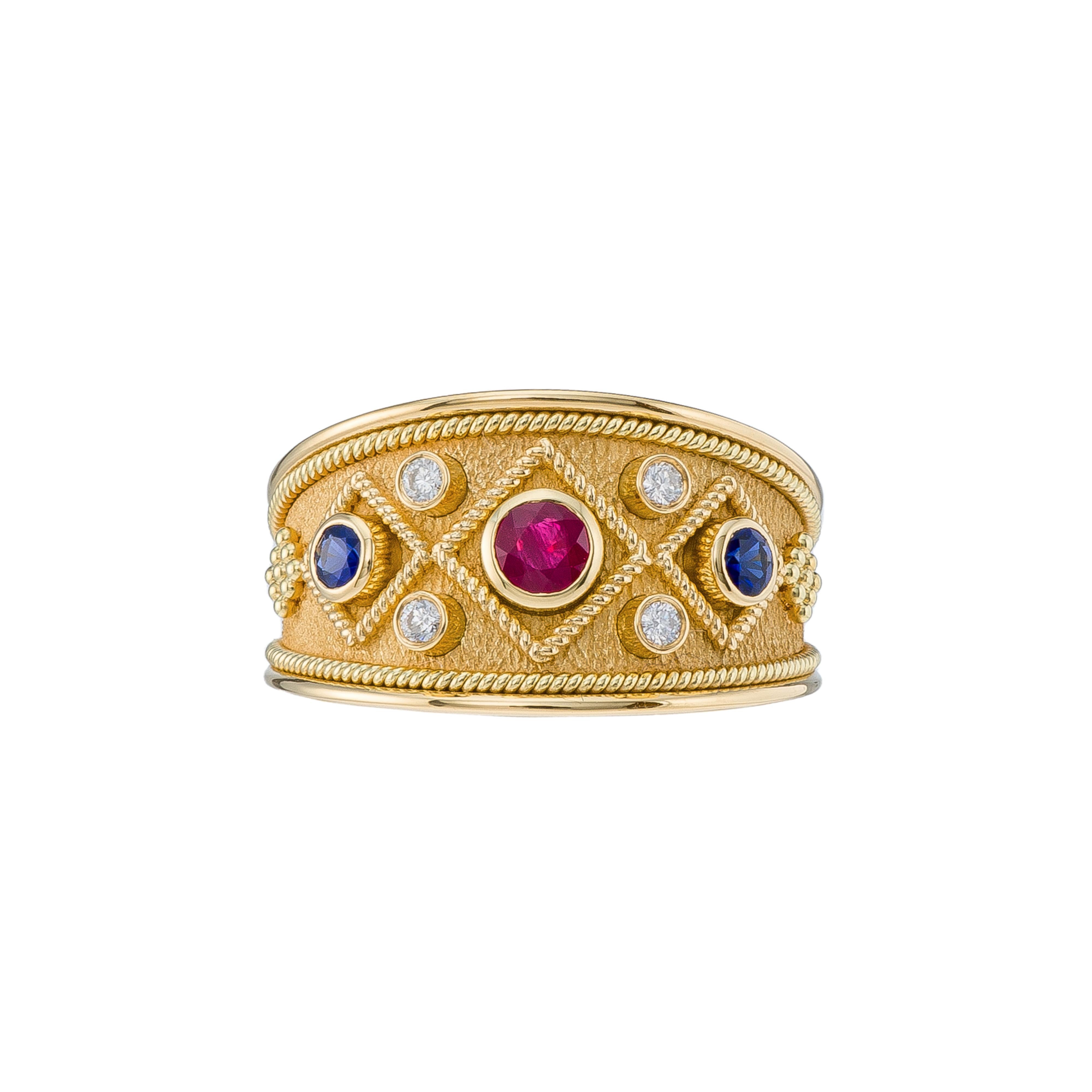 Byzantine Gold Ring with Ruby Sapphires and Diamonds In New Condition For Sale In Athens, GR