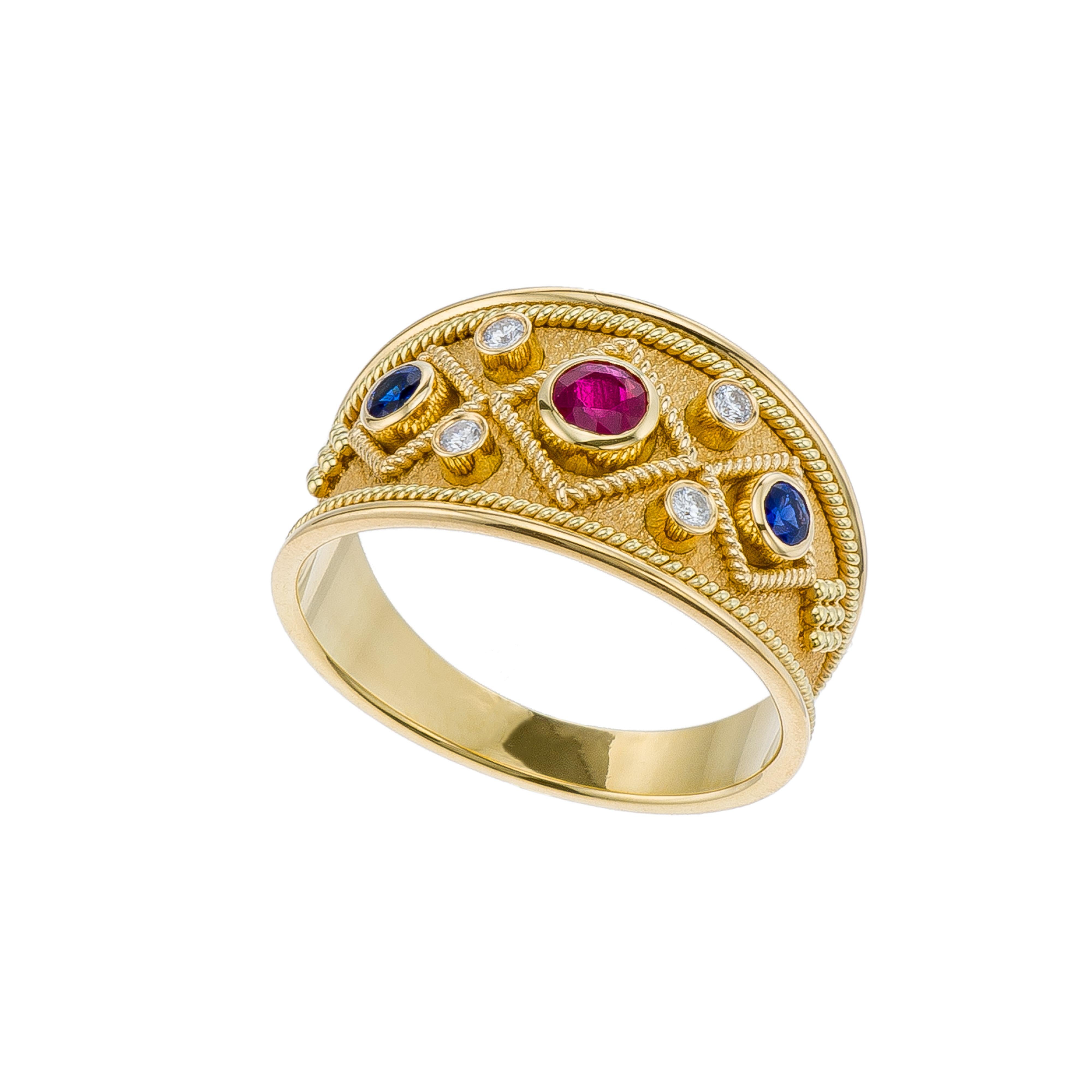 Byzantine Gold Ring with Ruby Sapphires and Diamonds For Sale 2