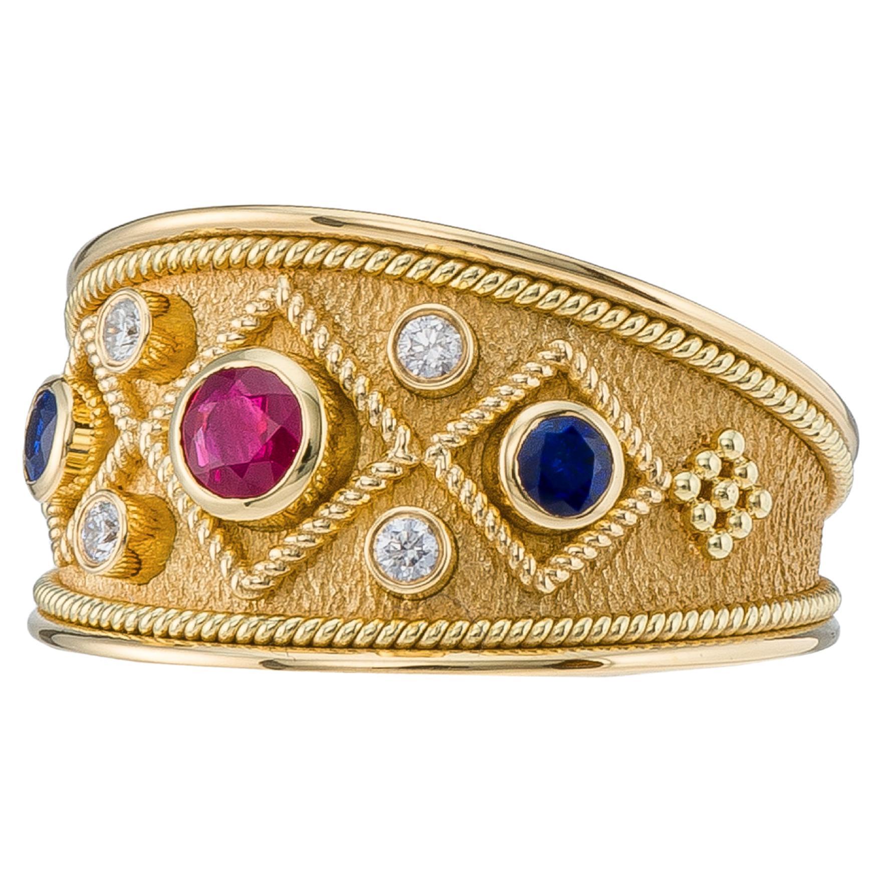 Byzantinischer Goldring aus Gold mit Rubin-Saphiren und Diamanten im Angebot