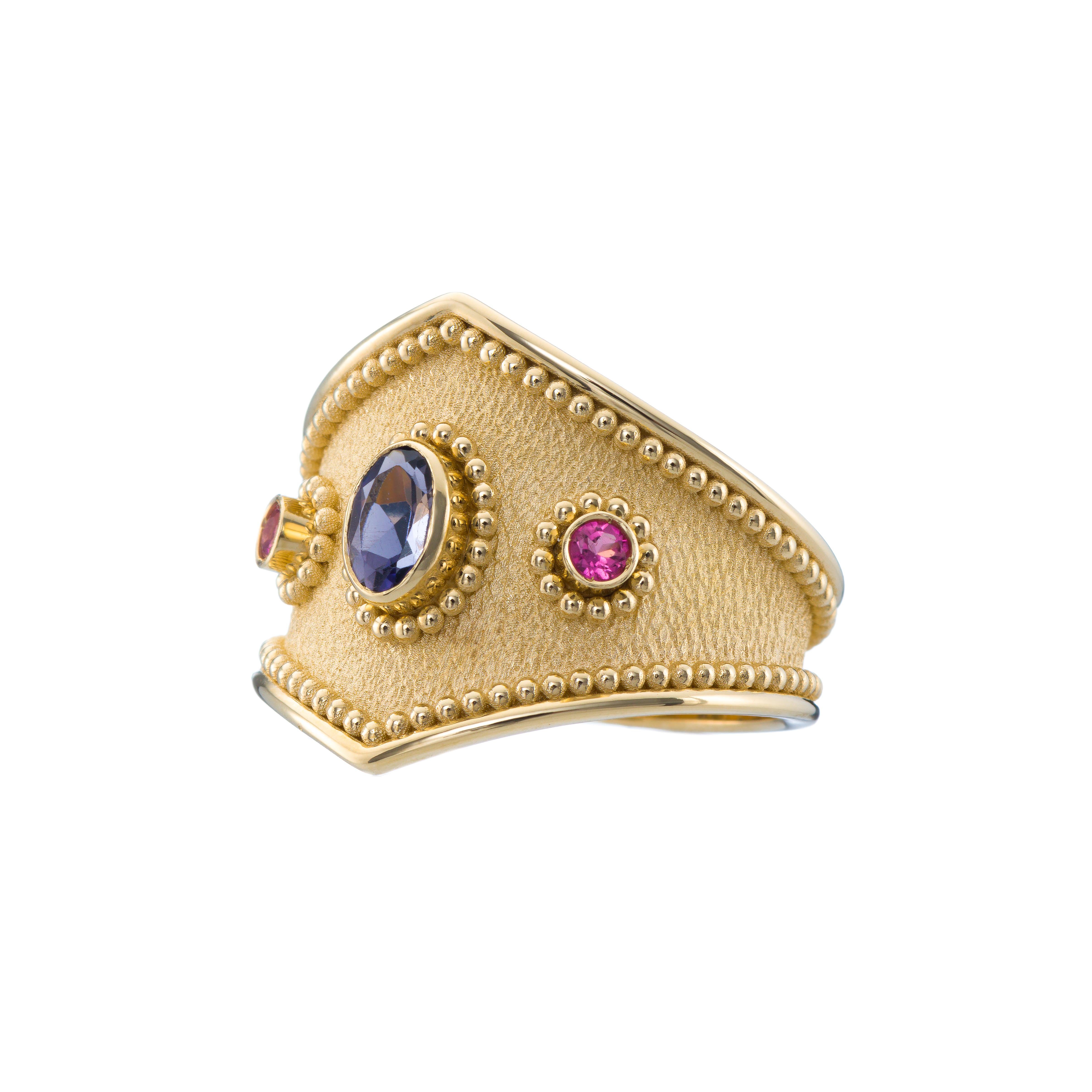 Byzantine Gold Ring with Tourmalines and Iolite In New Condition For Sale In Athens, GR