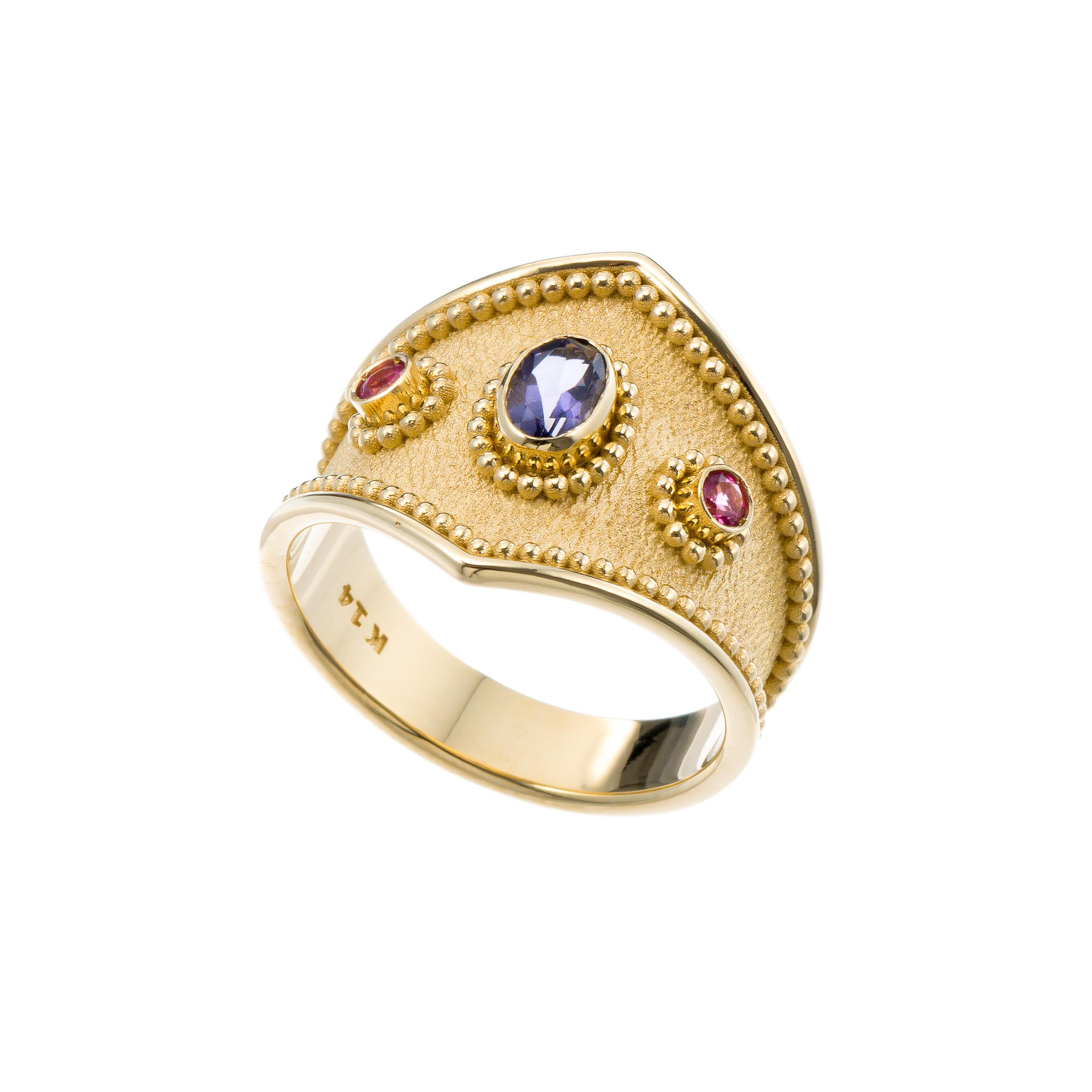 Byzantine Gold Ring with Tourmalines and Iolite For Sale 2