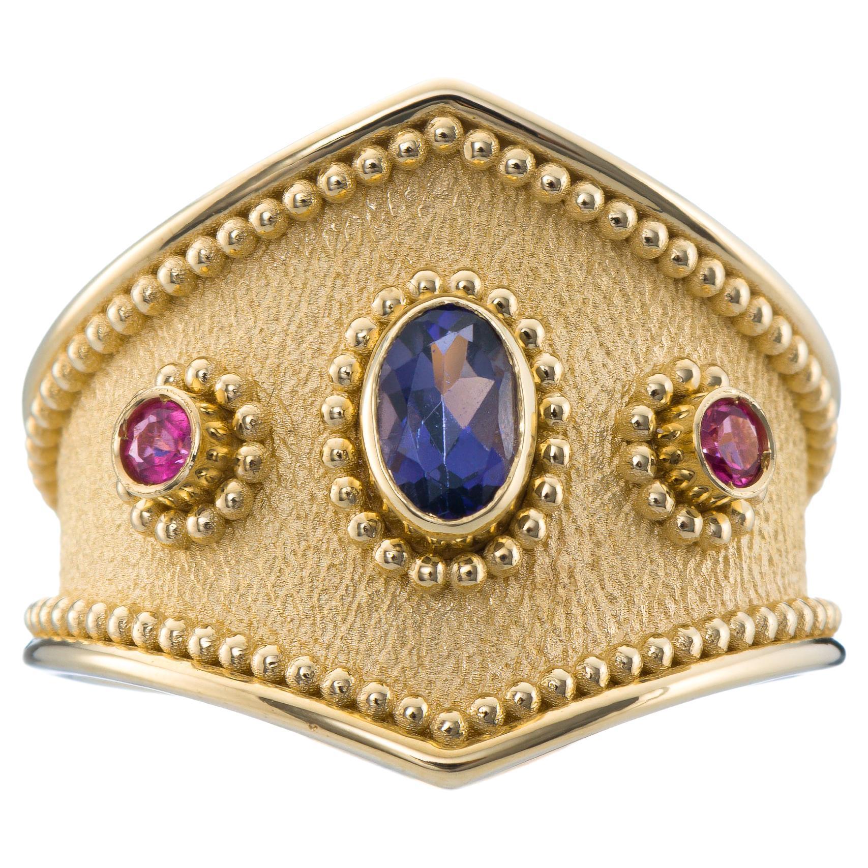 Byzantine Gold Ring with Tourmalines and Iolite For Sale