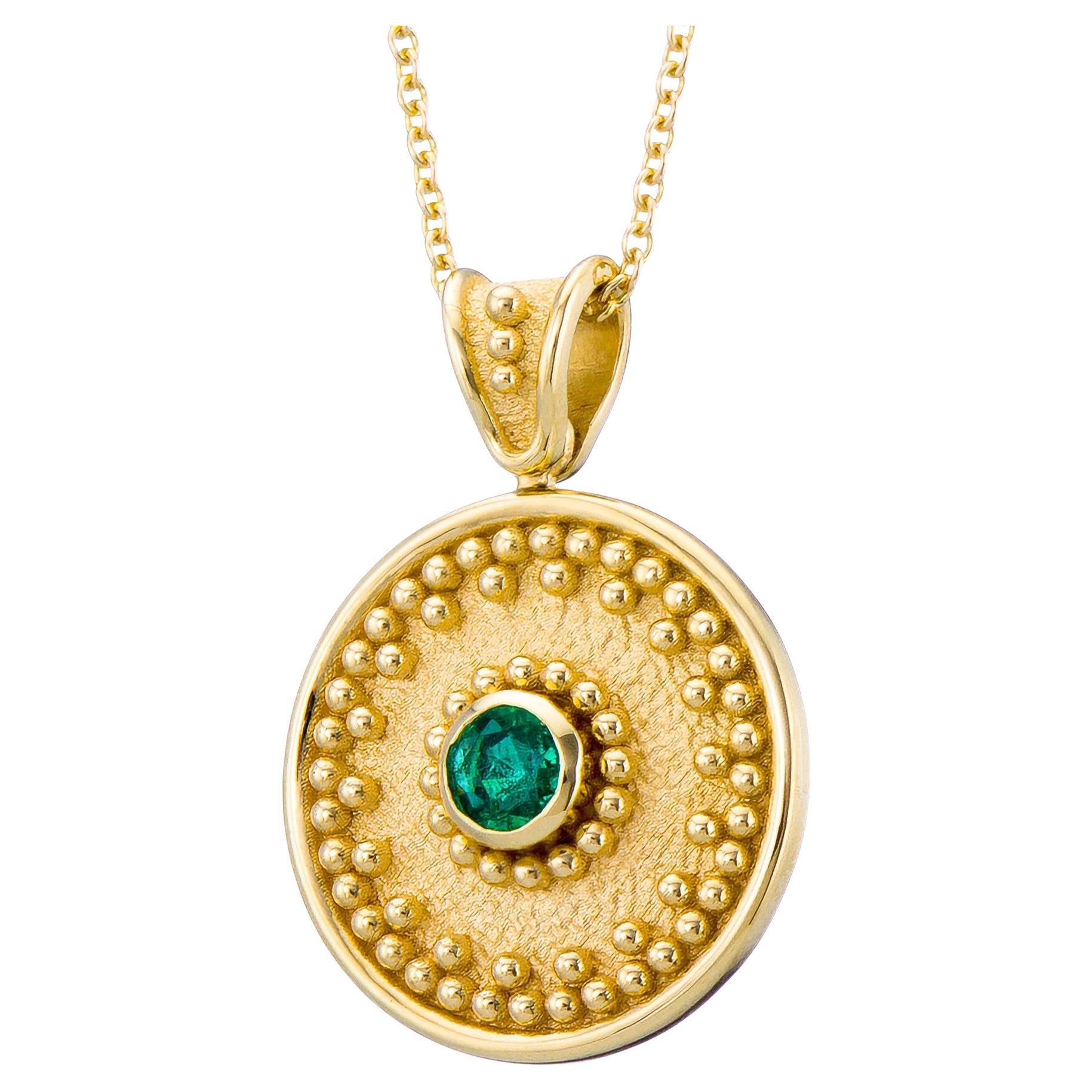 Byzantine Gold Round Emerald Pendant For Sale