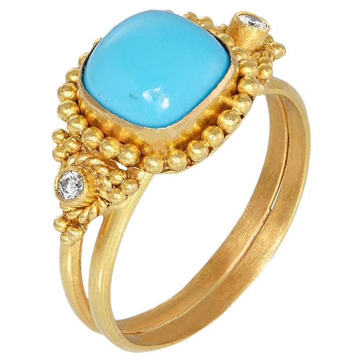Byzantine Granulation Ring with Cabochon Turquoise & Diamonds 22kt Yellow Gold For Sale