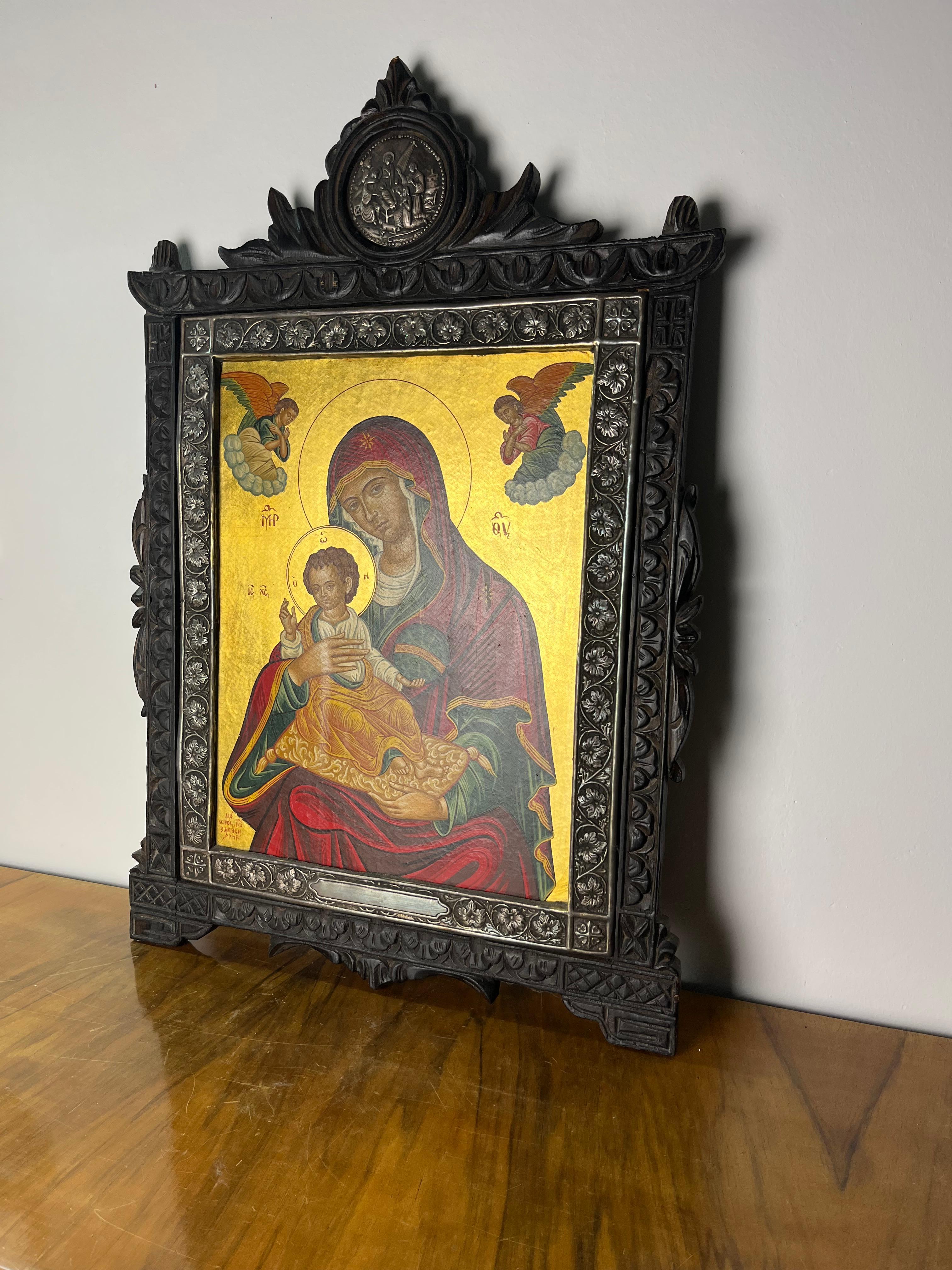 Icono bizantino pintado a mano en oro de 24 kt y plata de 950, Grecia, años 80 Griego