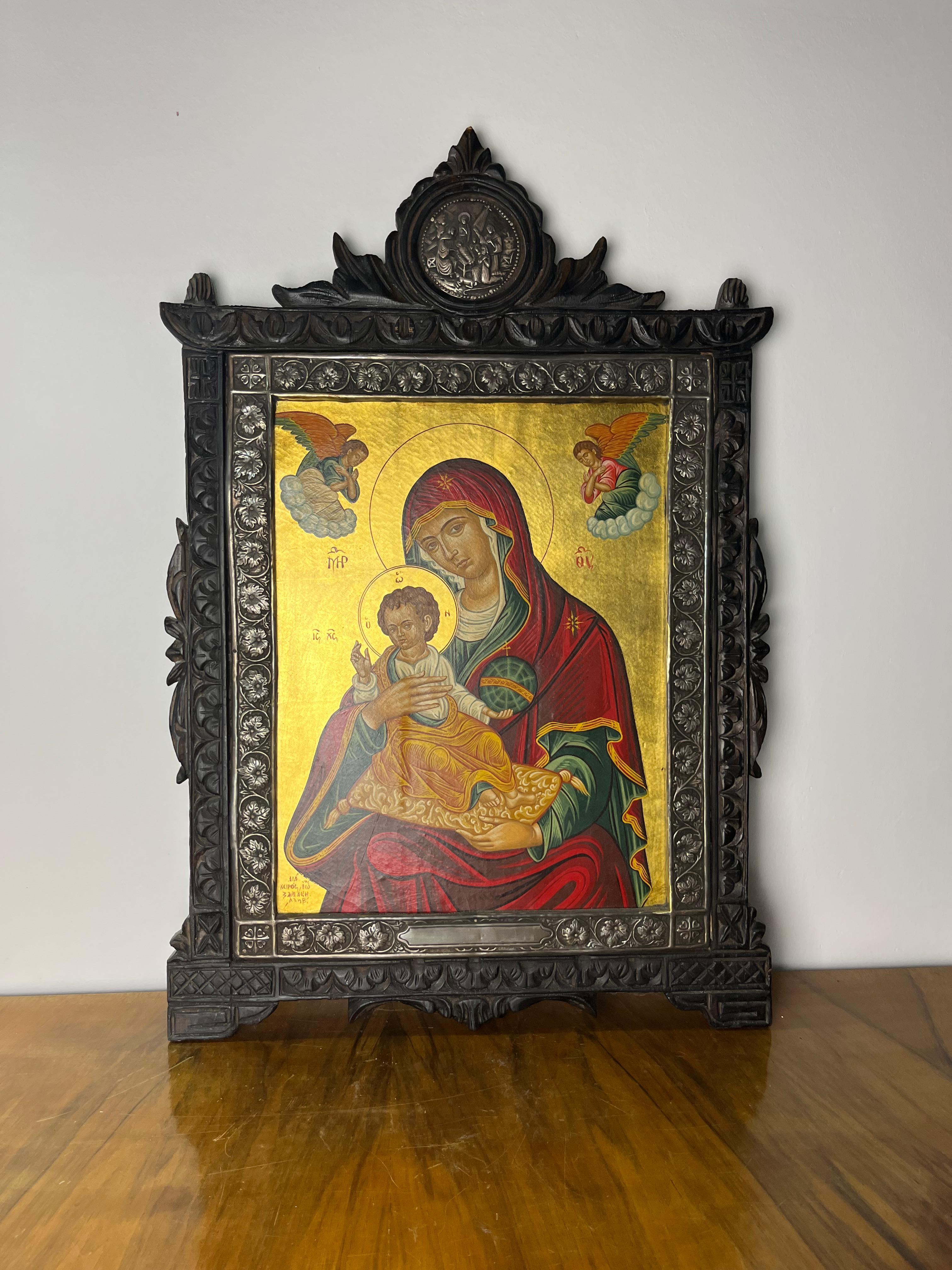 Icono bizantino pintado a mano en oro de 24 kt y plata de 950, Grecia, años 80 en Bueno Estado en Palermo, IT