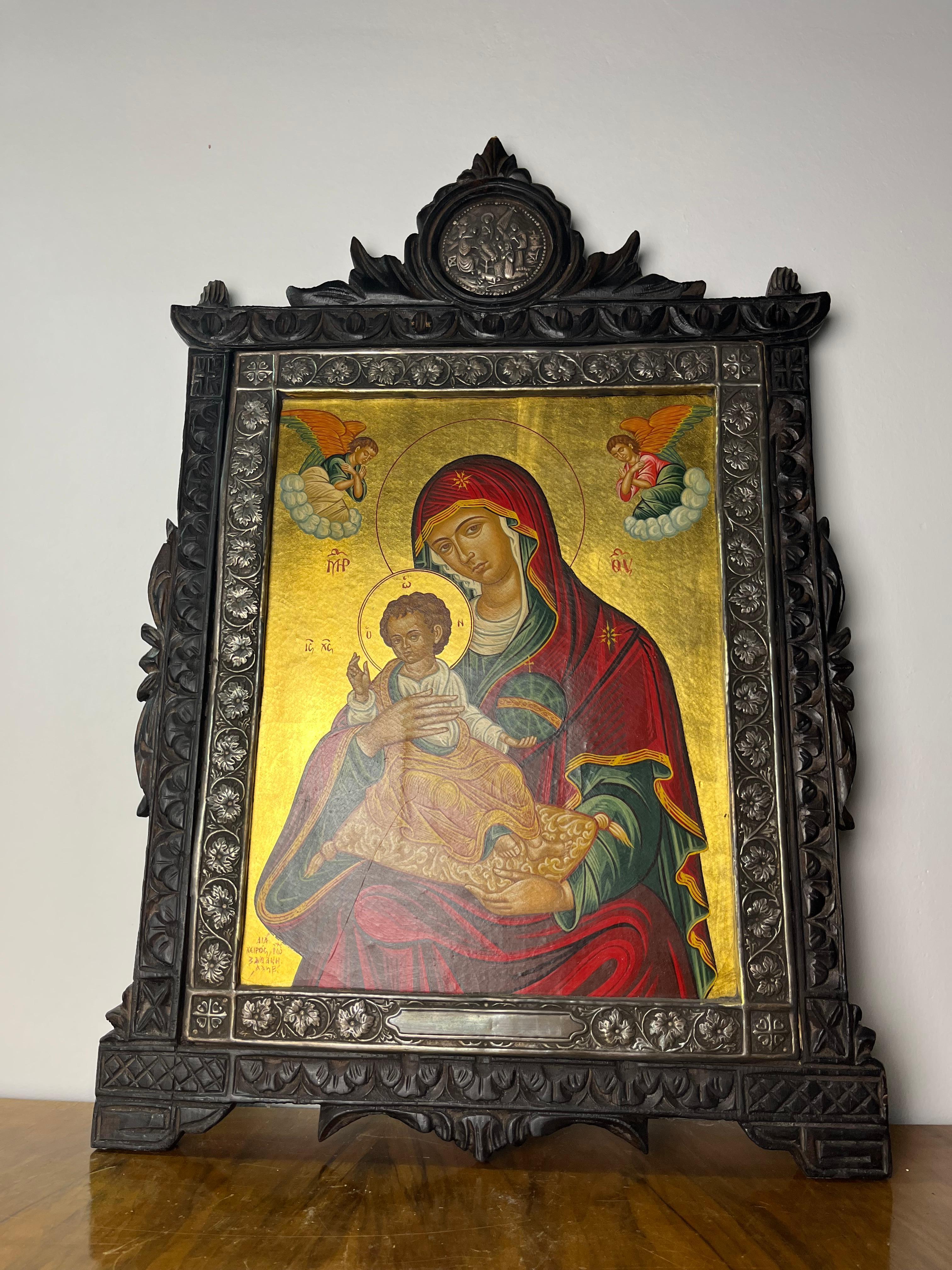 Icono bizantino pintado a mano en oro de 24 kt y plata de 950, Grecia, años 80 finales del siglo XX