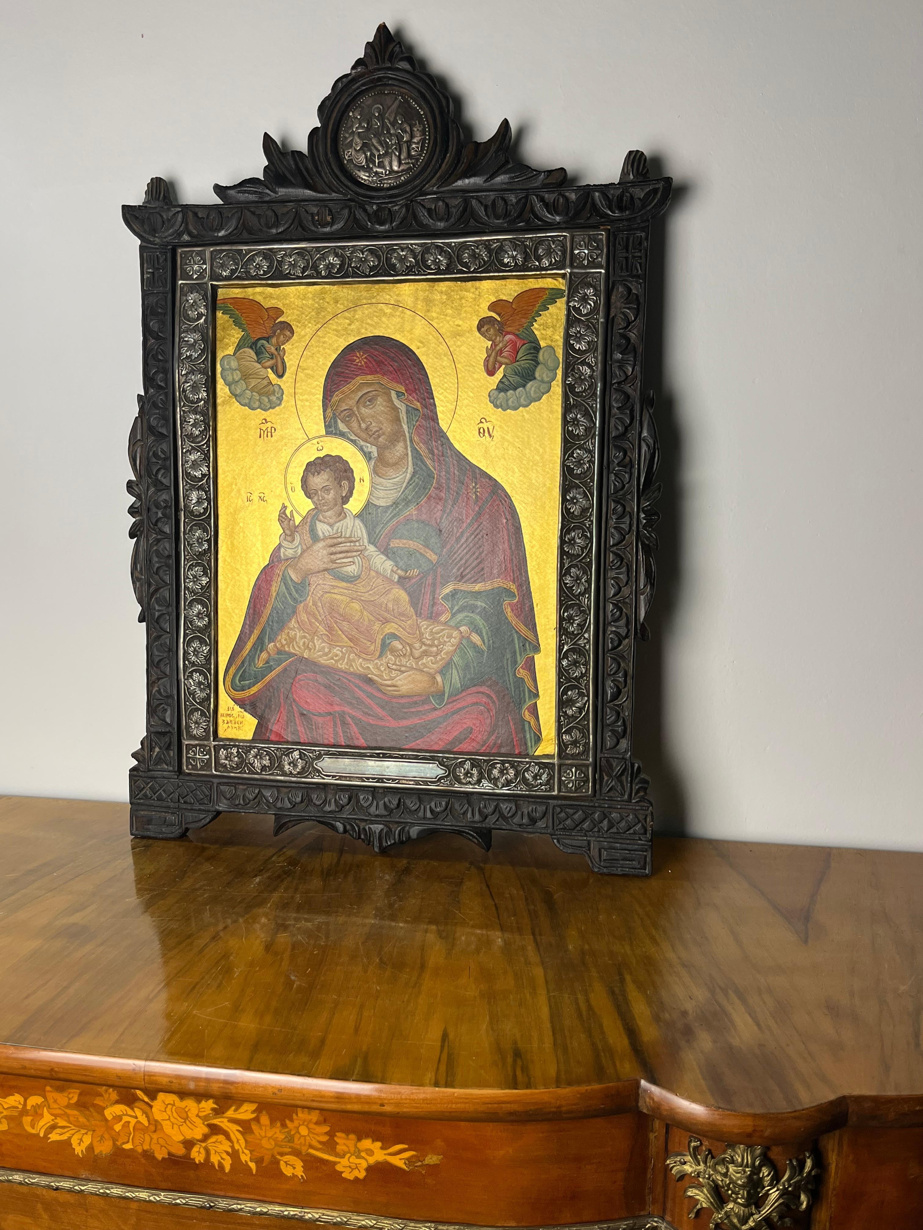 Icono bizantino pintado a mano en oro de 24 kt y plata de 950, Grecia, años 80 Oro