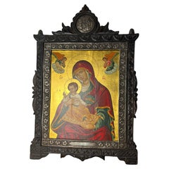 Byzantine Icon Hand Painted in 24 kt Gold And 950 Silver, Greece, 1980s
