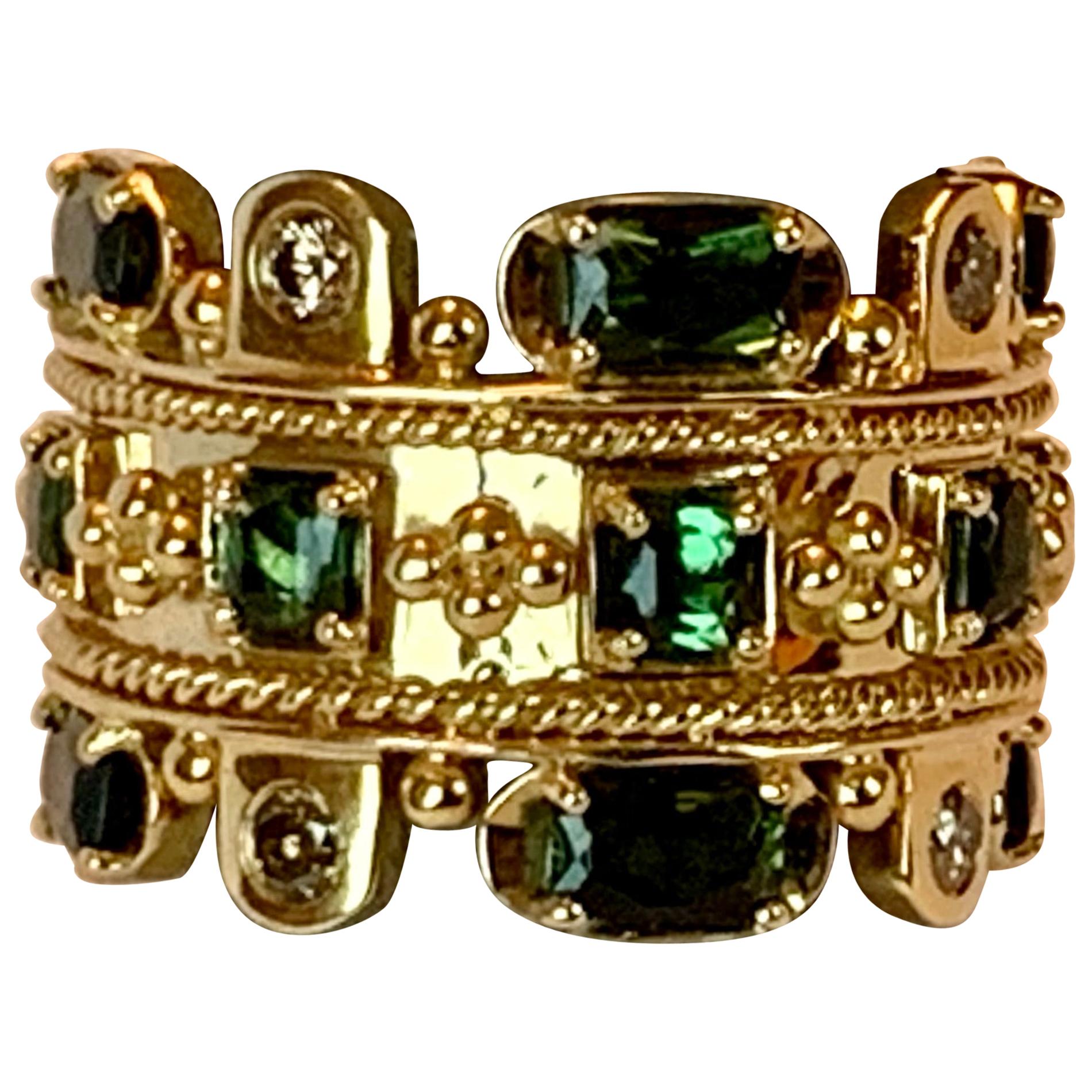 Byzantine Inspired 18 Karat Yellow Gold Tourmaline and Diamond Band Ring For Sale
