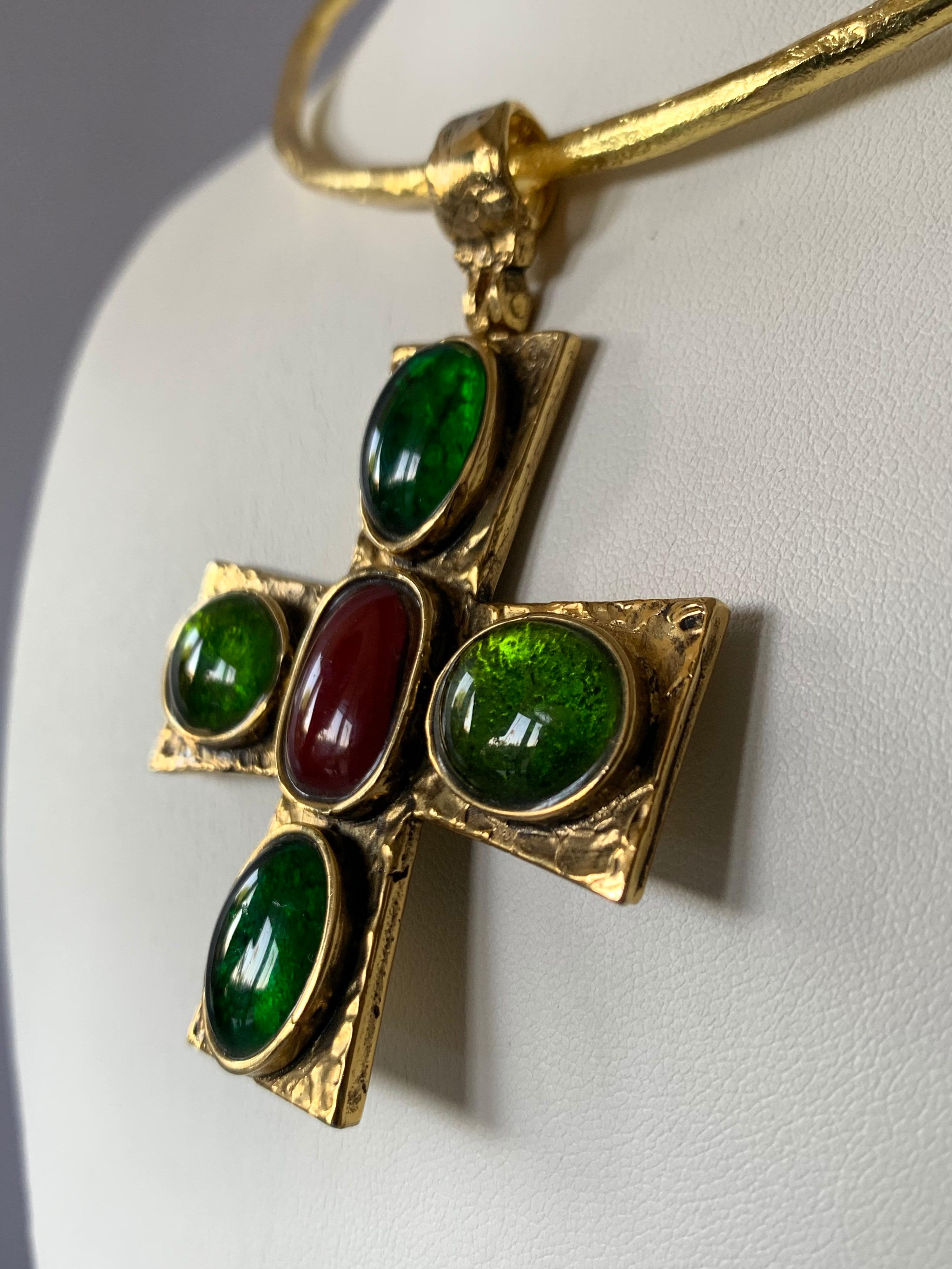 Exquisitely crafted Byzantine-inspired gilt bronze necklace featuring a large bronze cross with simulated gemstones (emeralds and rubys) out of molten glass 