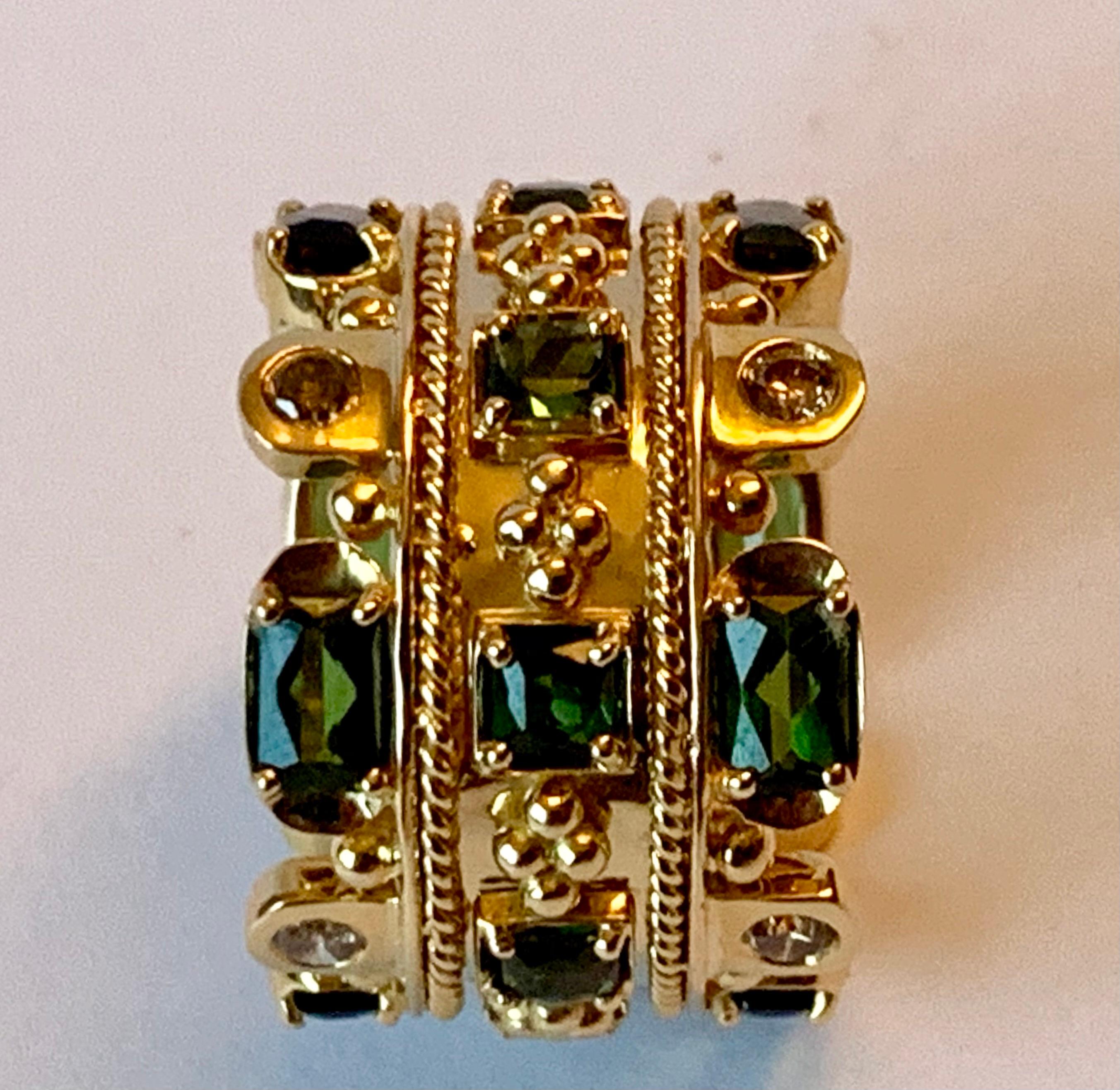 Byzantine Inspired 18 Karat Yellow Gold Tourmaline and Diamond Band Ring For Sale 3