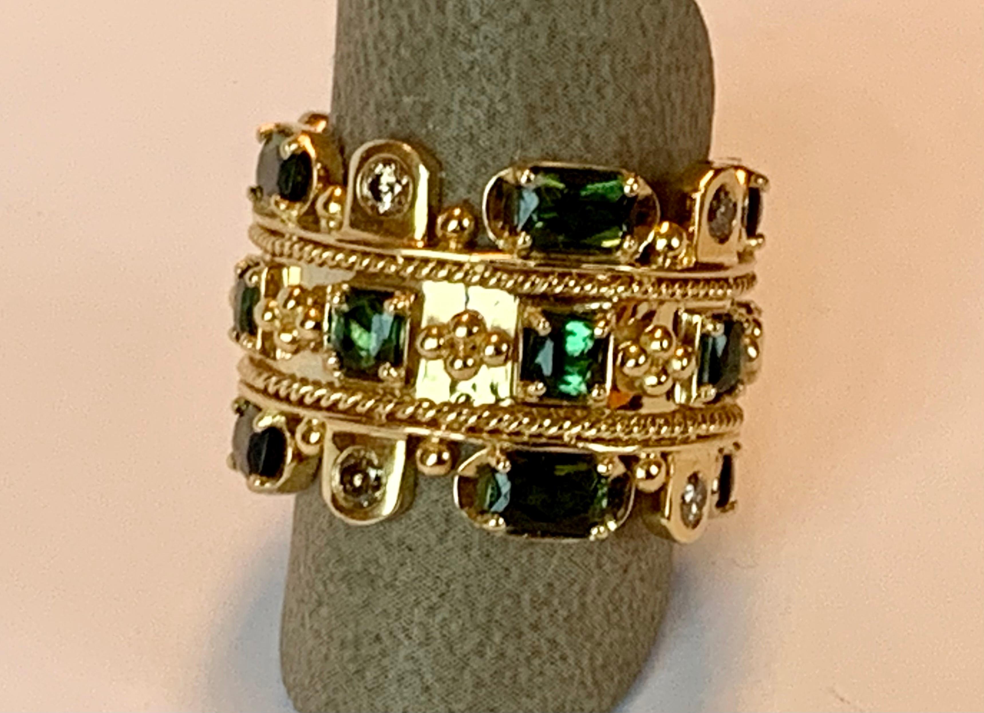 Byzantine Inspired 18 Karat Yellow Gold Tourmaline and Diamond Band Ring For Sale 4