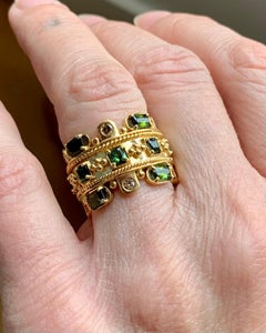 Byzantine Inspired 18 Karat Yellow Gold Tourmaline and Diamond Band Ring