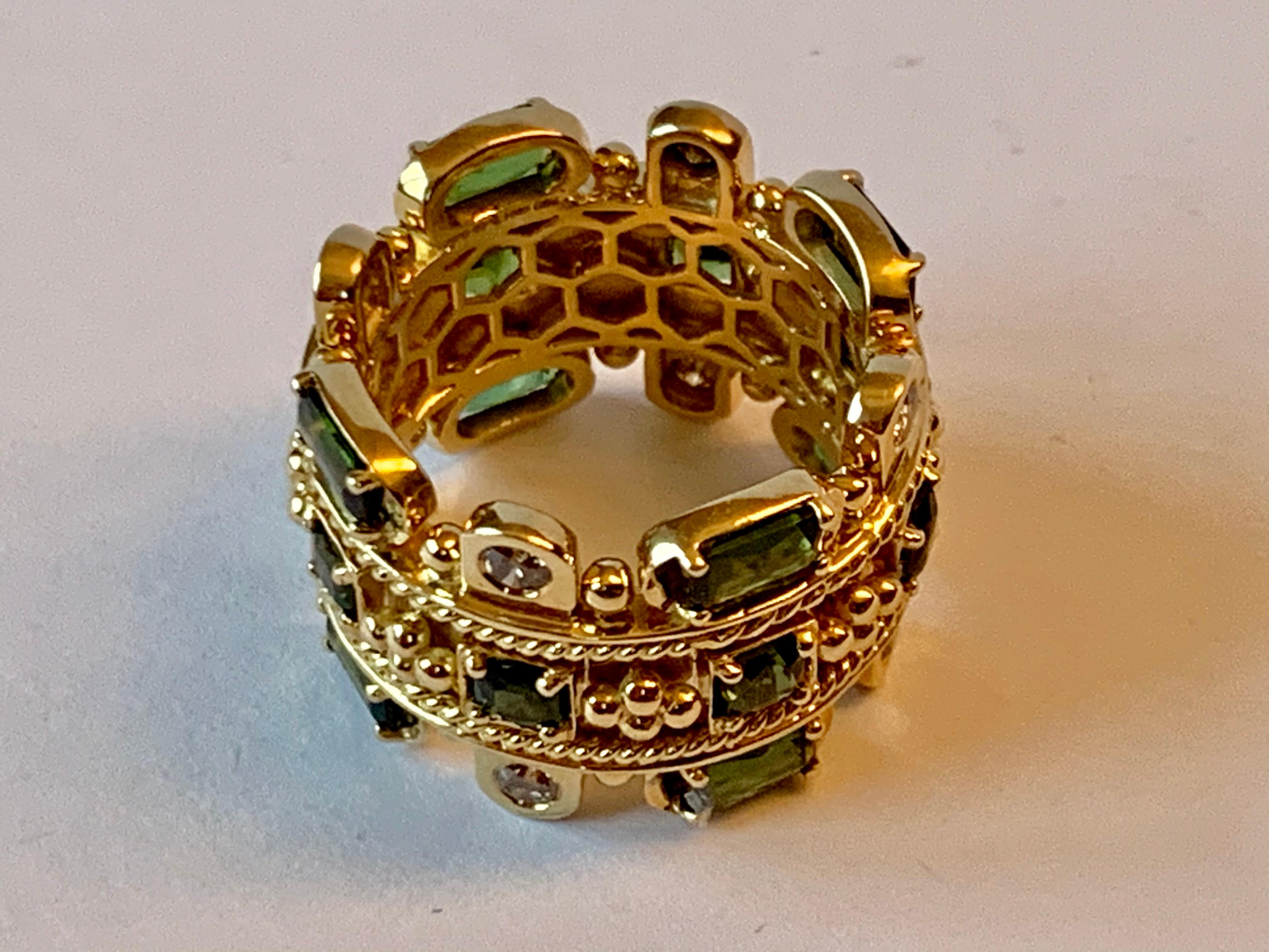 Women's or Men's Byzantine Inspired 18 Karat Yellow Gold Tourmaline and Diamond Band Ring For Sale