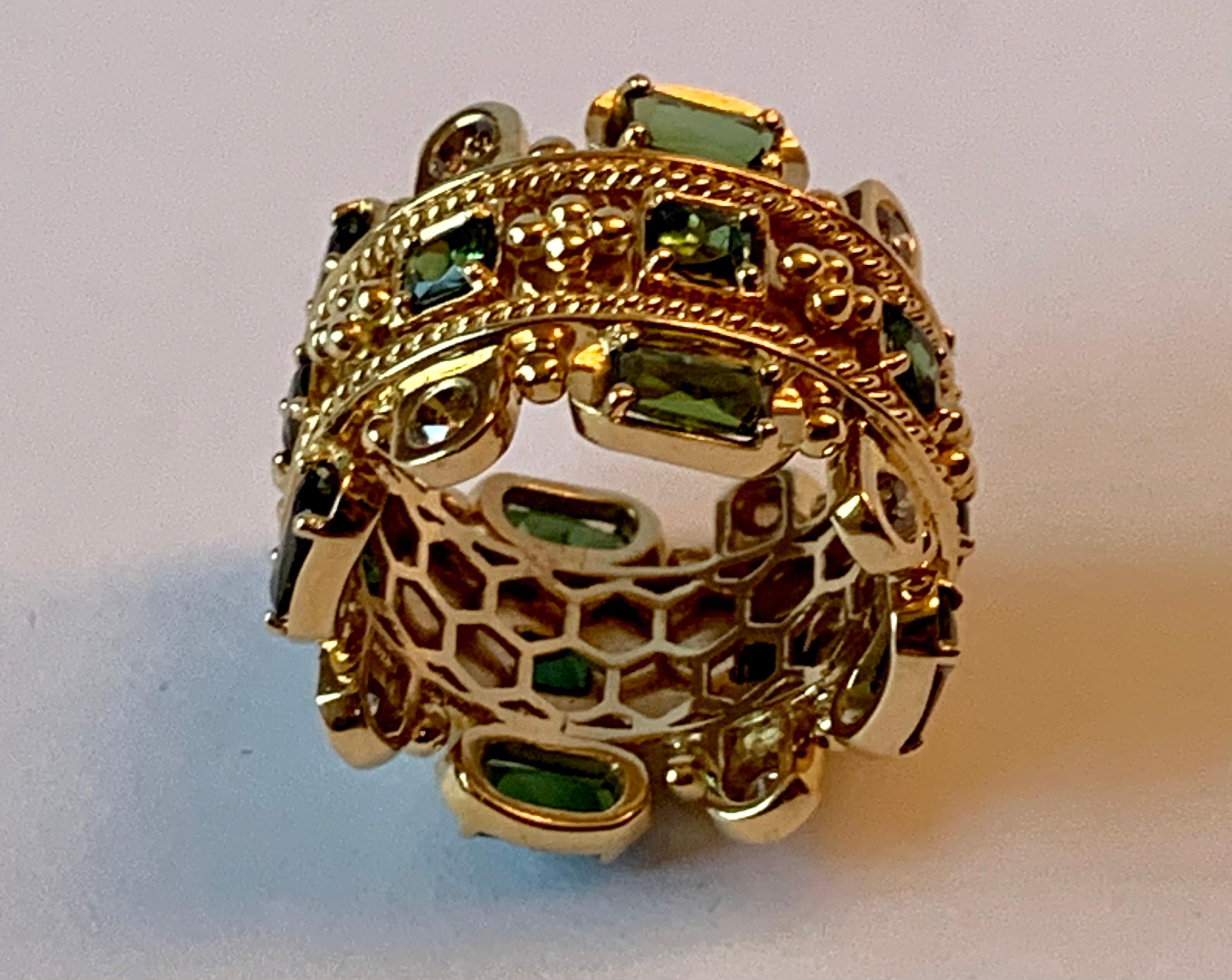 Byzantine Inspired 18 Karat Yellow Gold Tourmaline and Diamond Band Ring For Sale 1