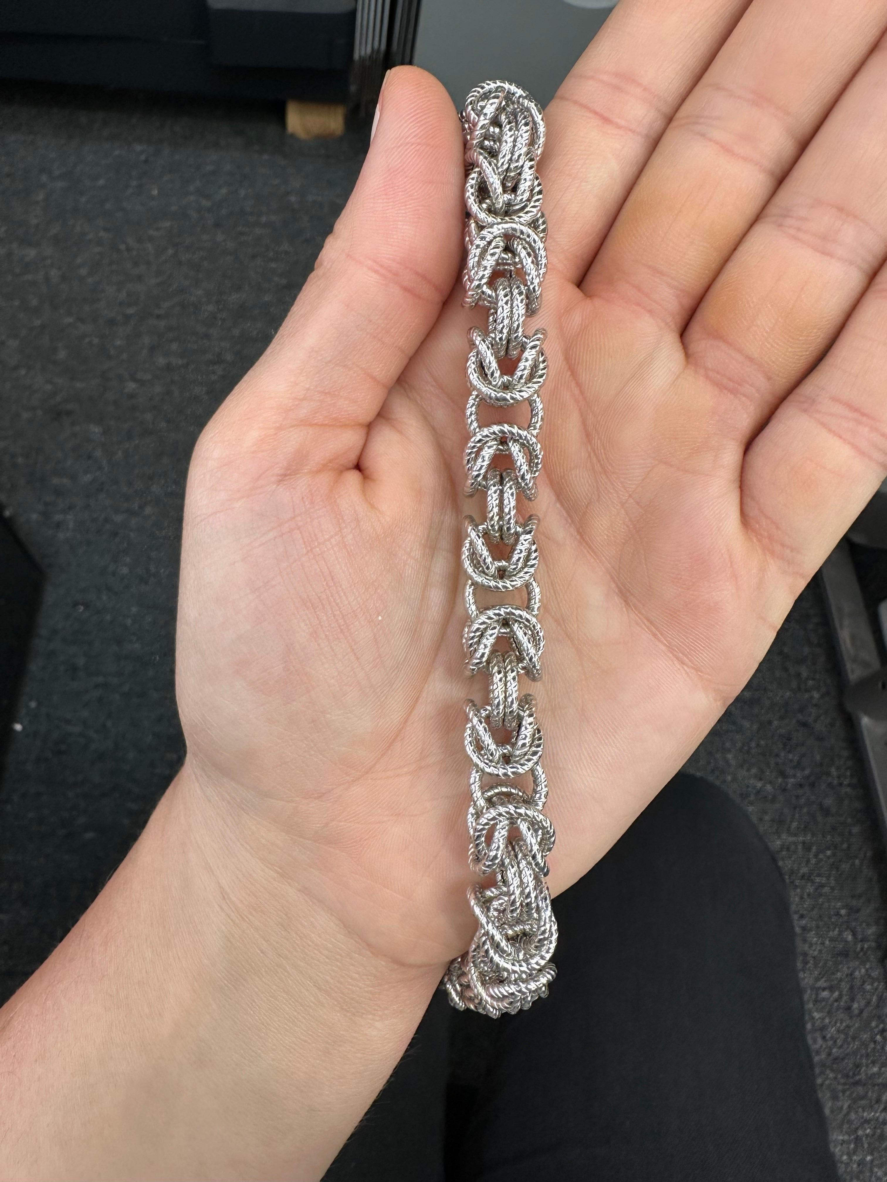 Byzantine link bracelet weighing 14.2 grams crafted in 14 Karat White Gold. 
Nice width and available in necklaces and different width bracelets. 