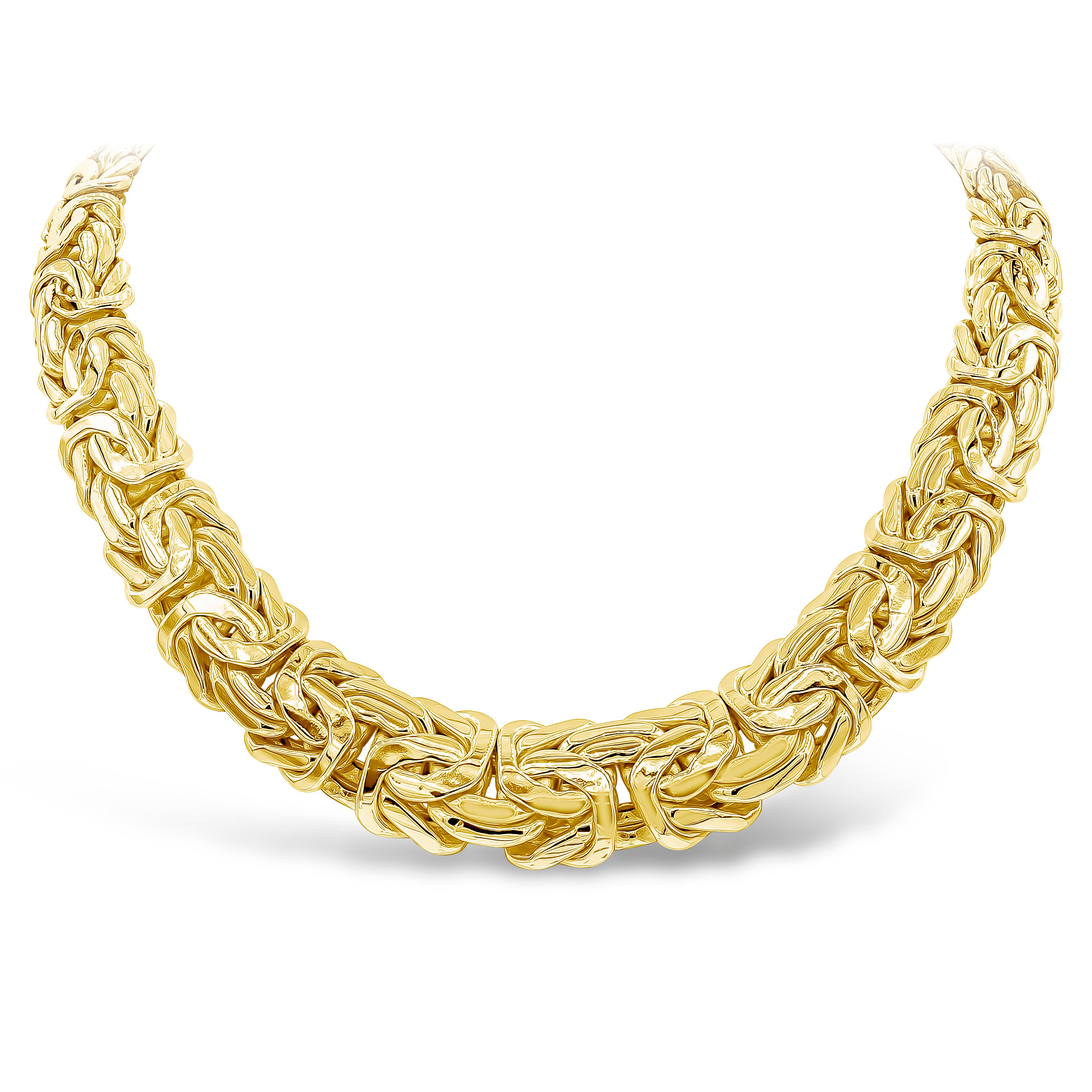 A unique and chic necklace showcasing each rows of yellow gold set in a Byzantine link intertwined design. Made in 14K yellow gold, 101 grams total and 17 inches in length.