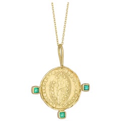 Byzantine Mandorle Medallion Necklace with Emeralds, 18 Karat Yellow Gold