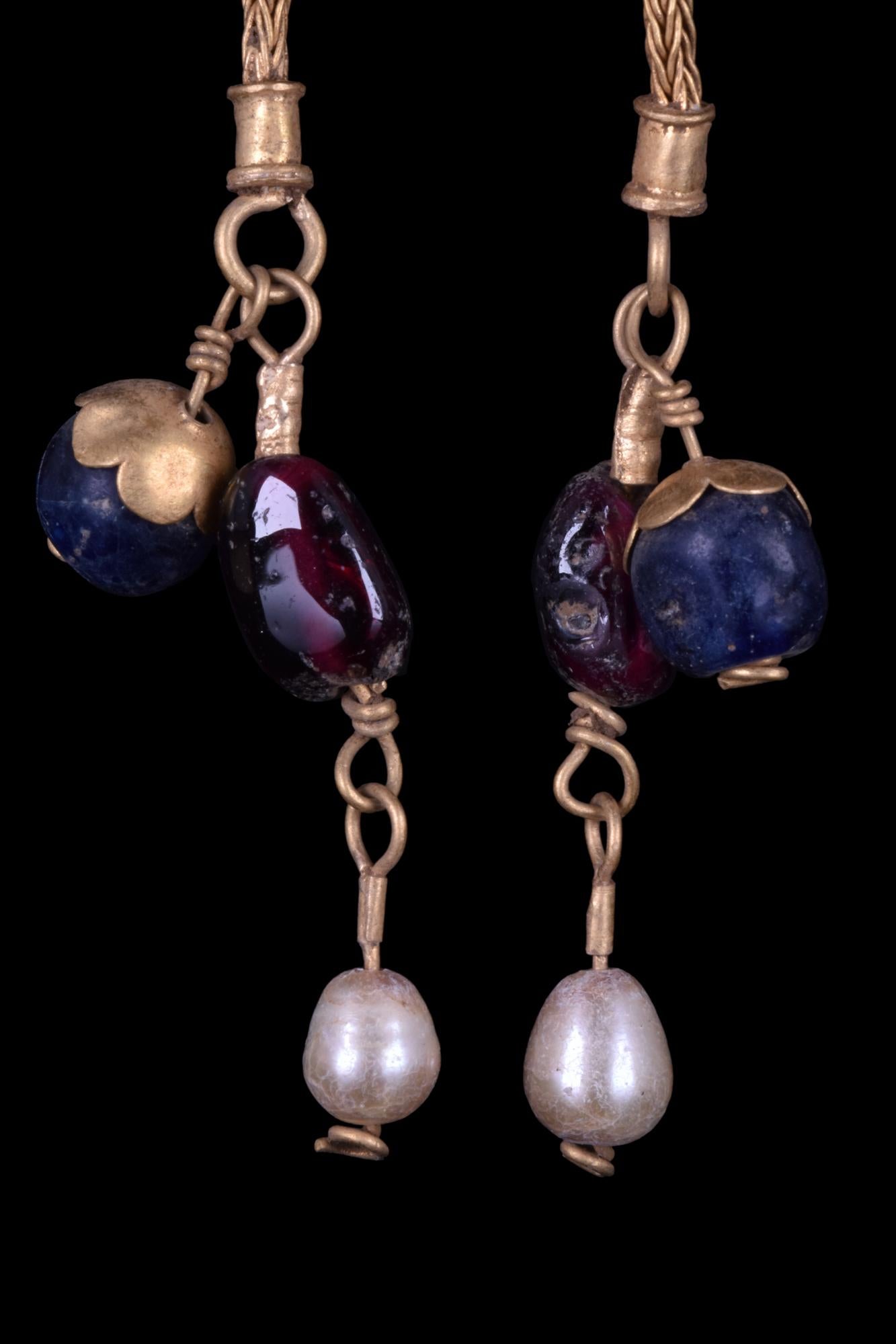 Medieval Byzantine Matching Pair of Gold Earrings with Pearls and Glass Beads For Sale