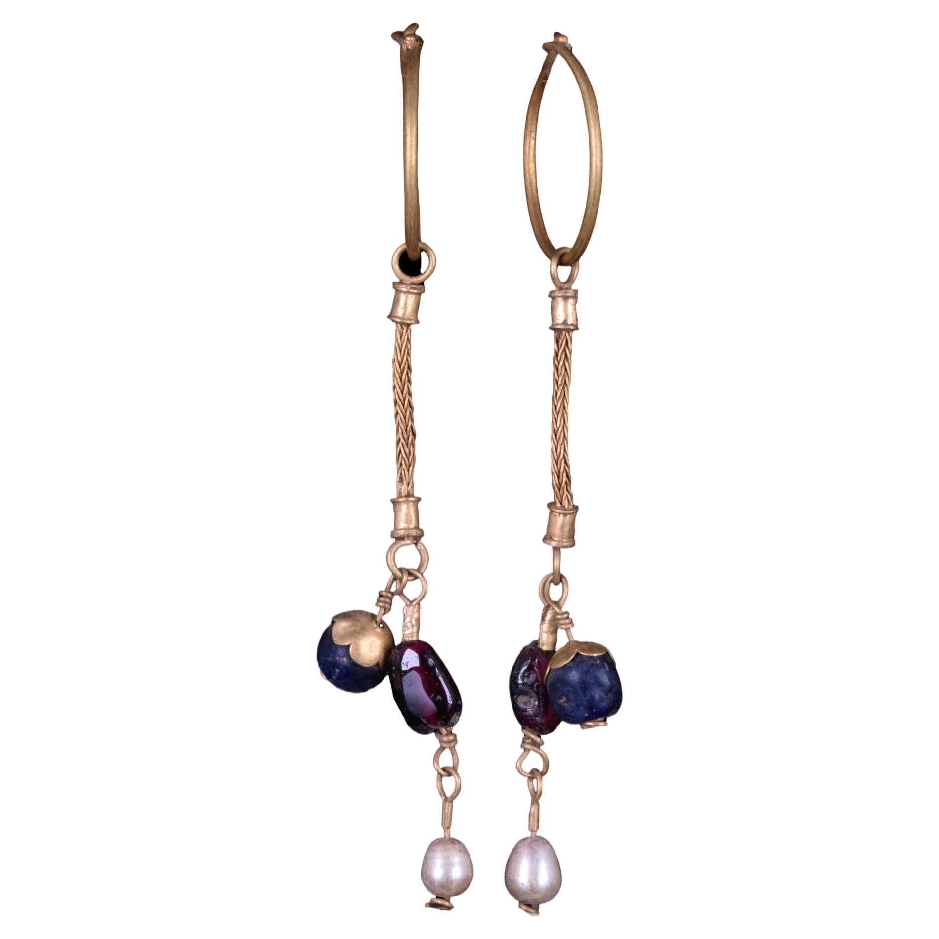 Byzantine Matching Pair of Gold Earrings with Pearls and Glass Beads For Sale