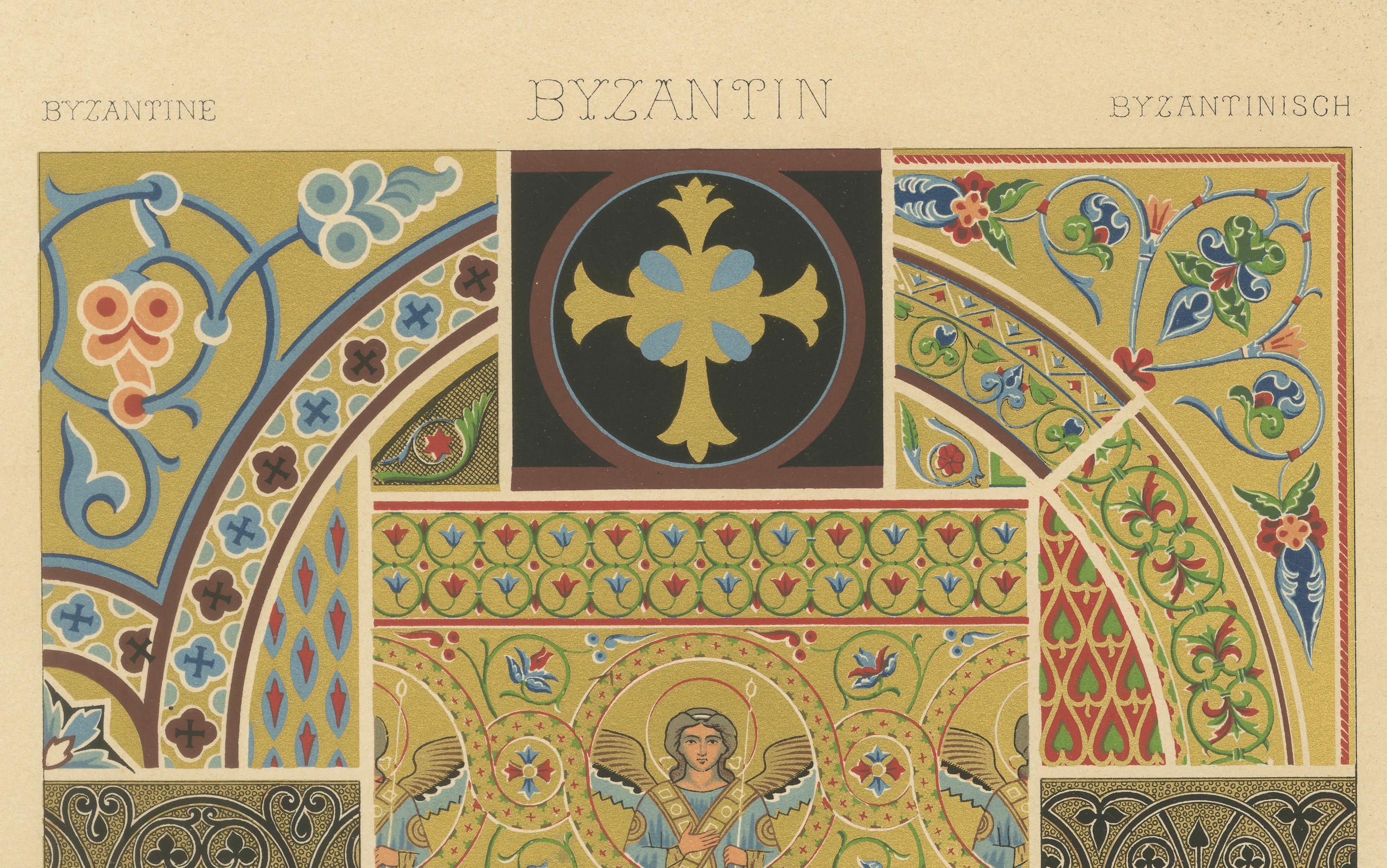 Gravure de motifs décoratifs byzantins - Lithographie ancienne de motifs religieux et architecturaux, c.1869

Cette chromolithographie richement composée présente un ensemble de motifs ornementaux issus de la tradition byzantine, mêlant le