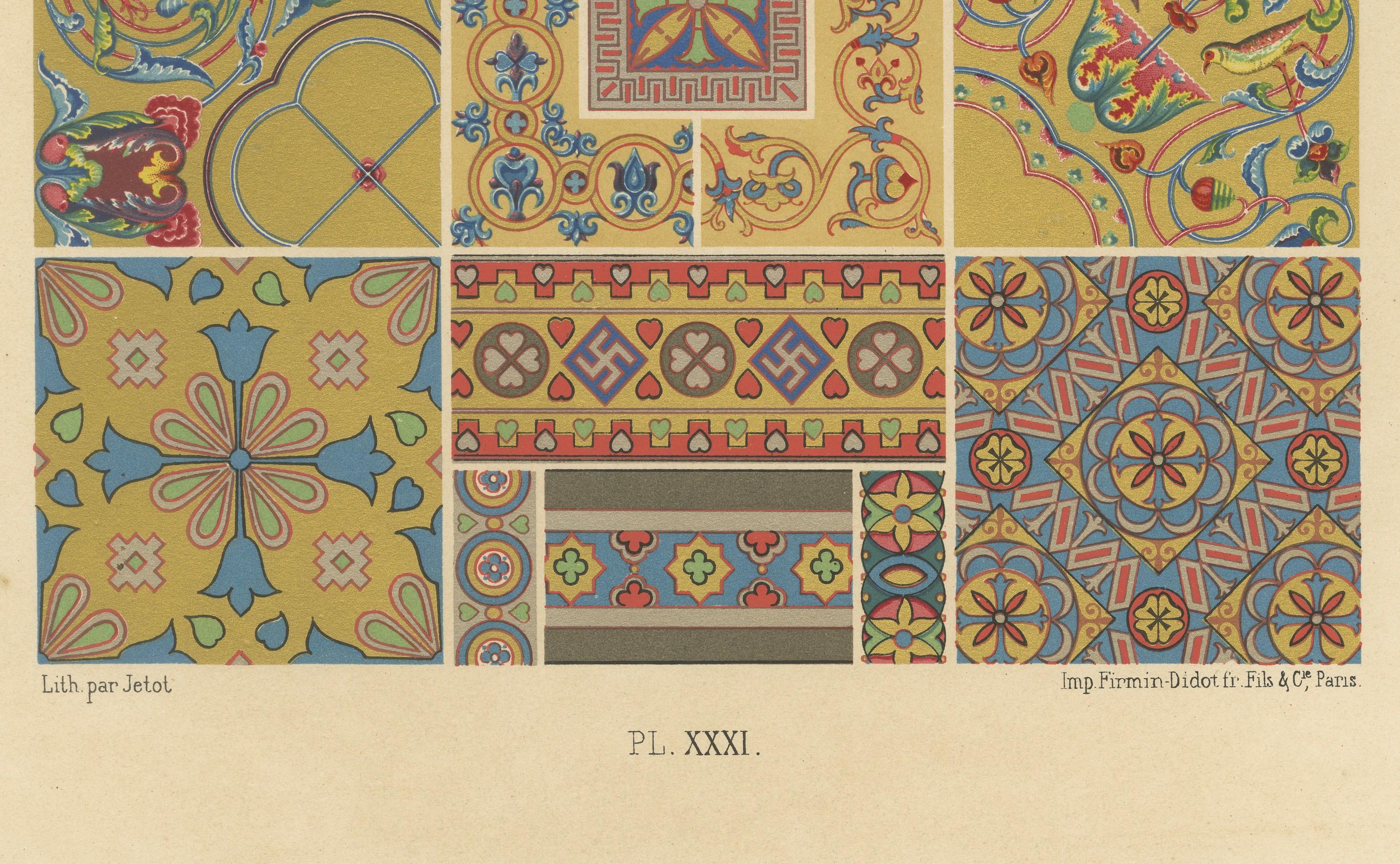 Byzantinischer Ornamentdruck - Antike Lithographie von Architektur- und Mosaikmustern, um 1869

Diese farbenfrohe Chromolithografie zeigt eine schillernde Sammlung von ornamentalen Motiven aus der byzantinischen Tradition, die die Opulenz und