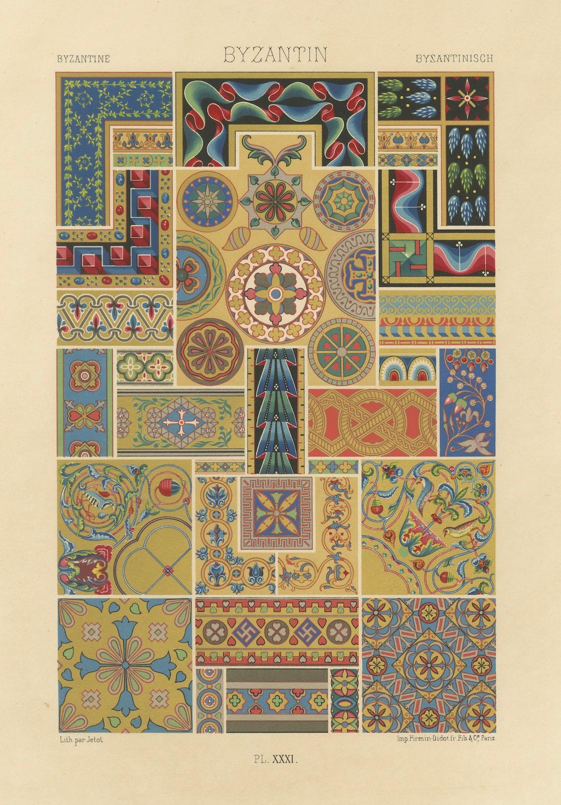 Byzantinischer Ornamentdruck - Antike Architektur- und Mosaikmuster, 1869 (Papier) im Angebot