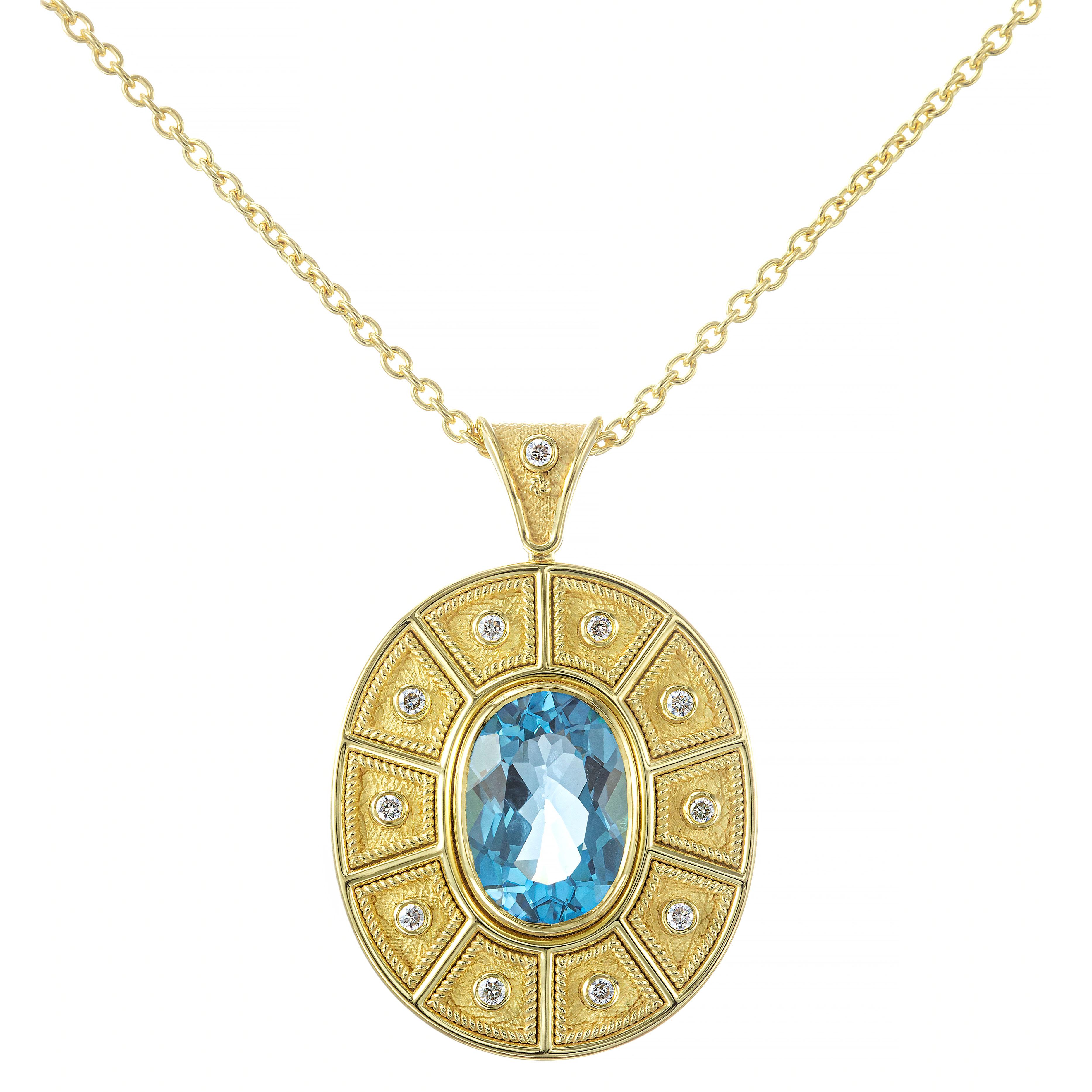 Oval Cut Byzantine Oval Gold Pendant with Oval Swiss Topaz and Diamonds For Sale
