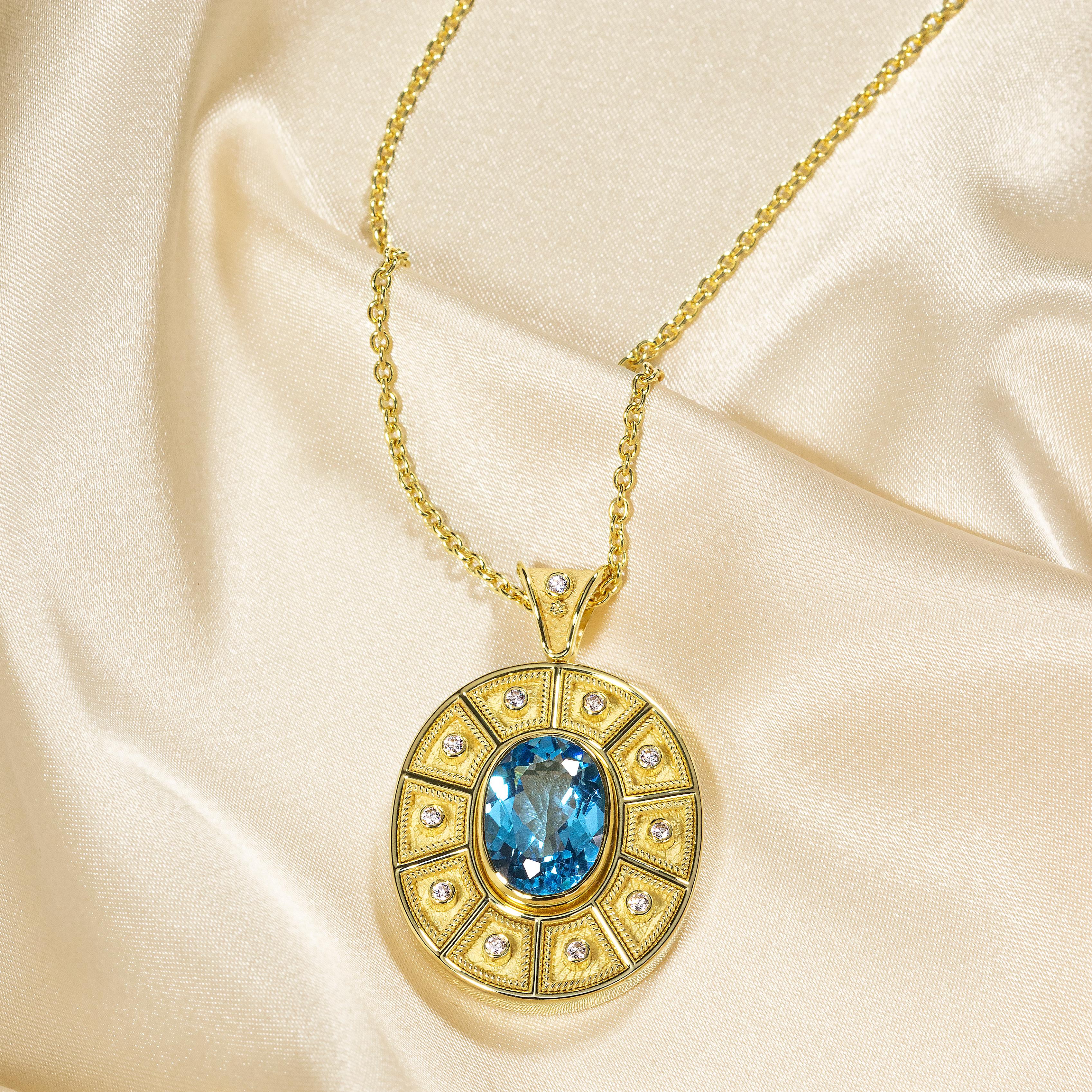 Women's Byzantine Oval Gold Pendant with Oval Swiss Topaz and Diamonds For Sale