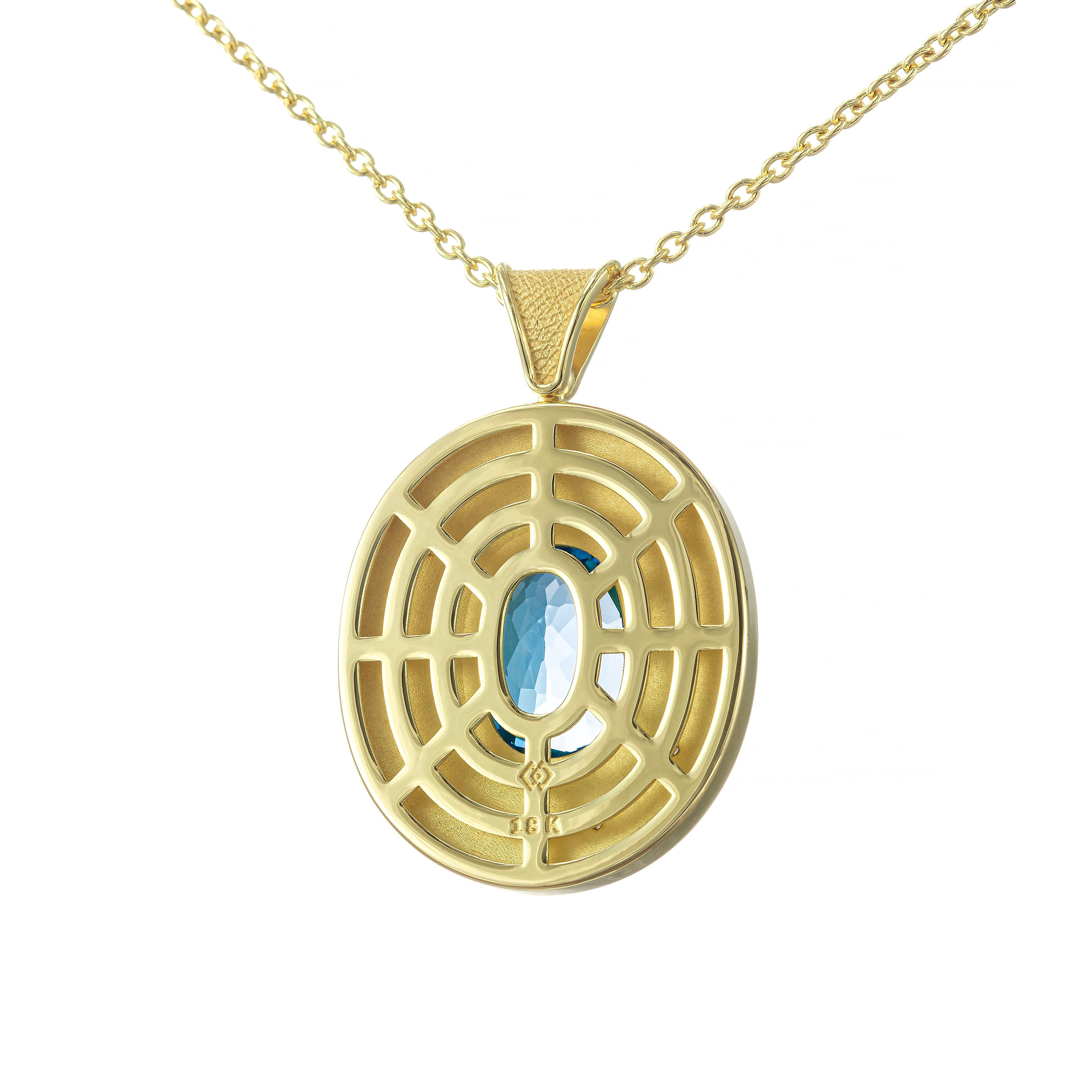 Byzantine Oval Gold Pendant with Oval Swiss Topaz and Diamonds For Sale 1