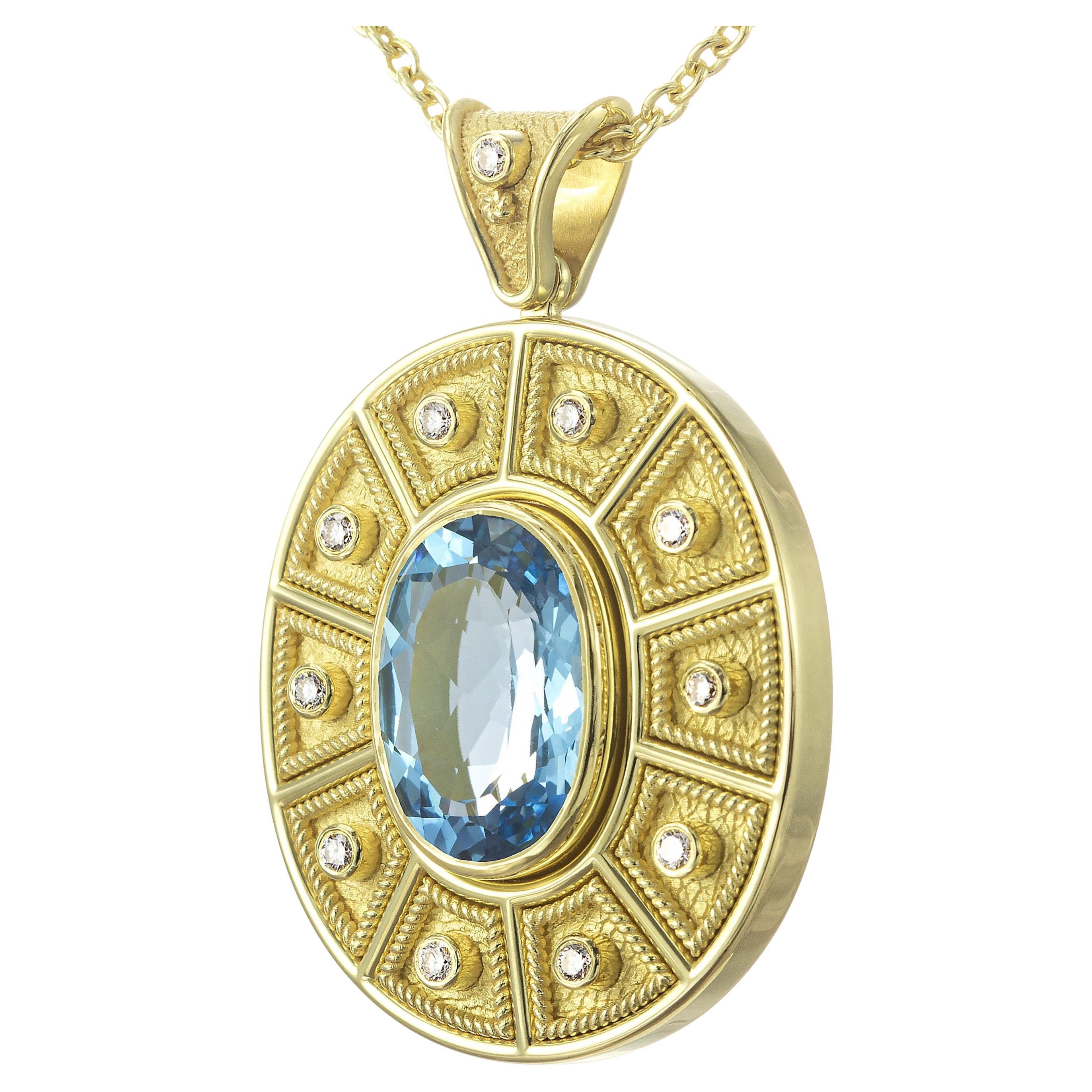 Byzantine Oval Gold Pendant with Oval Swiss Topaz and Diamonds For Sale