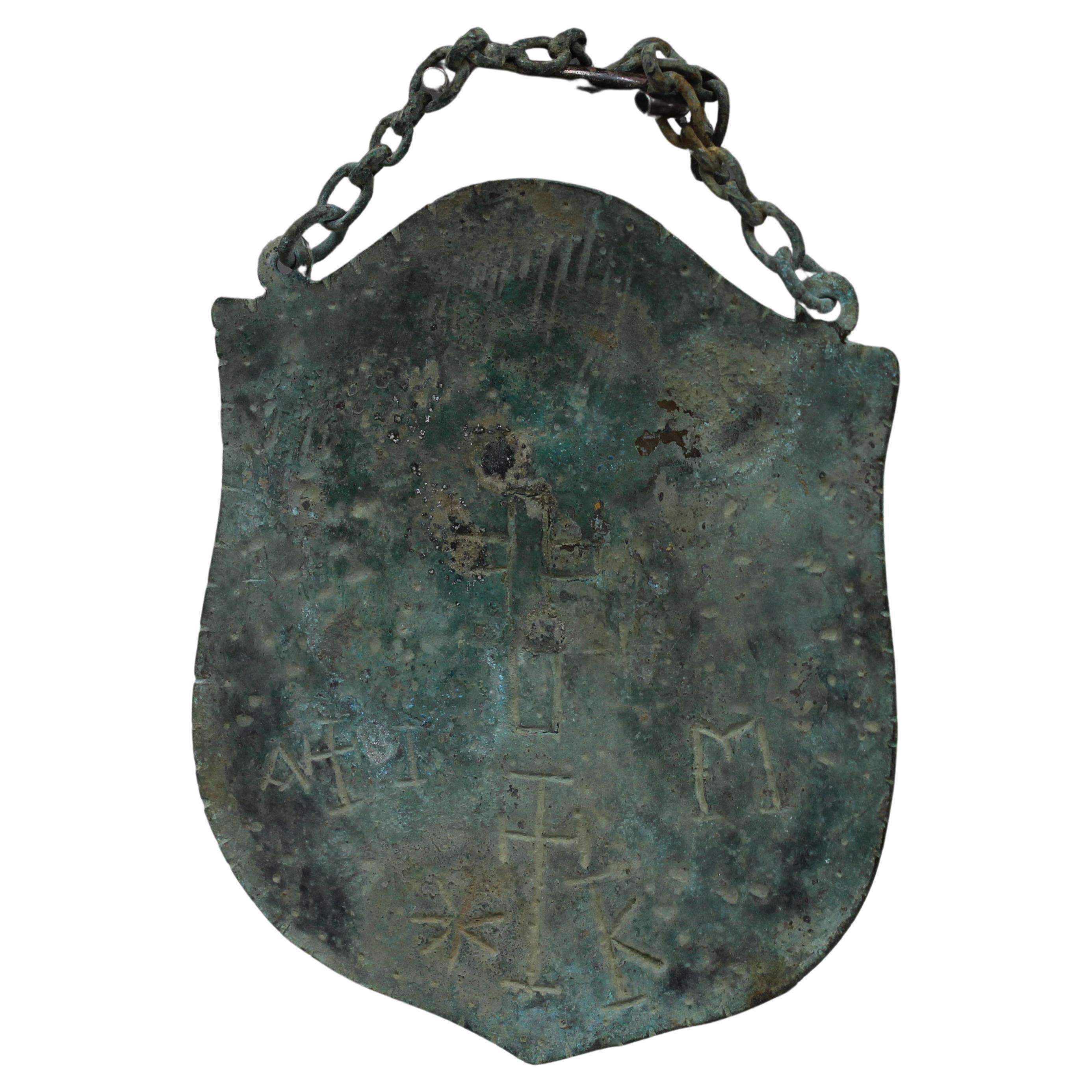 badge de pèlerins byzantin avec croix et inscription incisées en vente