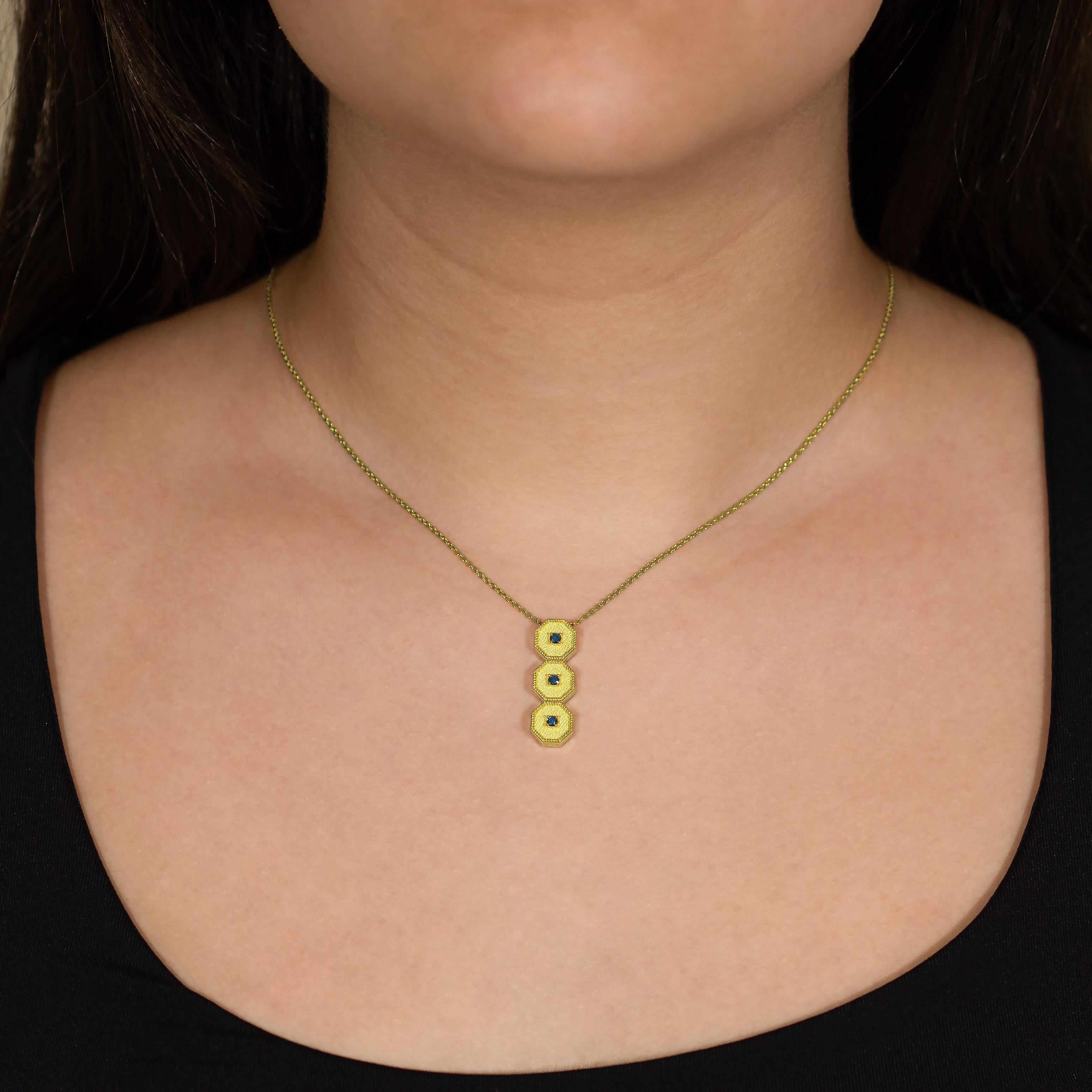 Women's Byzantine Polygon Gold Pendant with Blue Diamonds For Sale