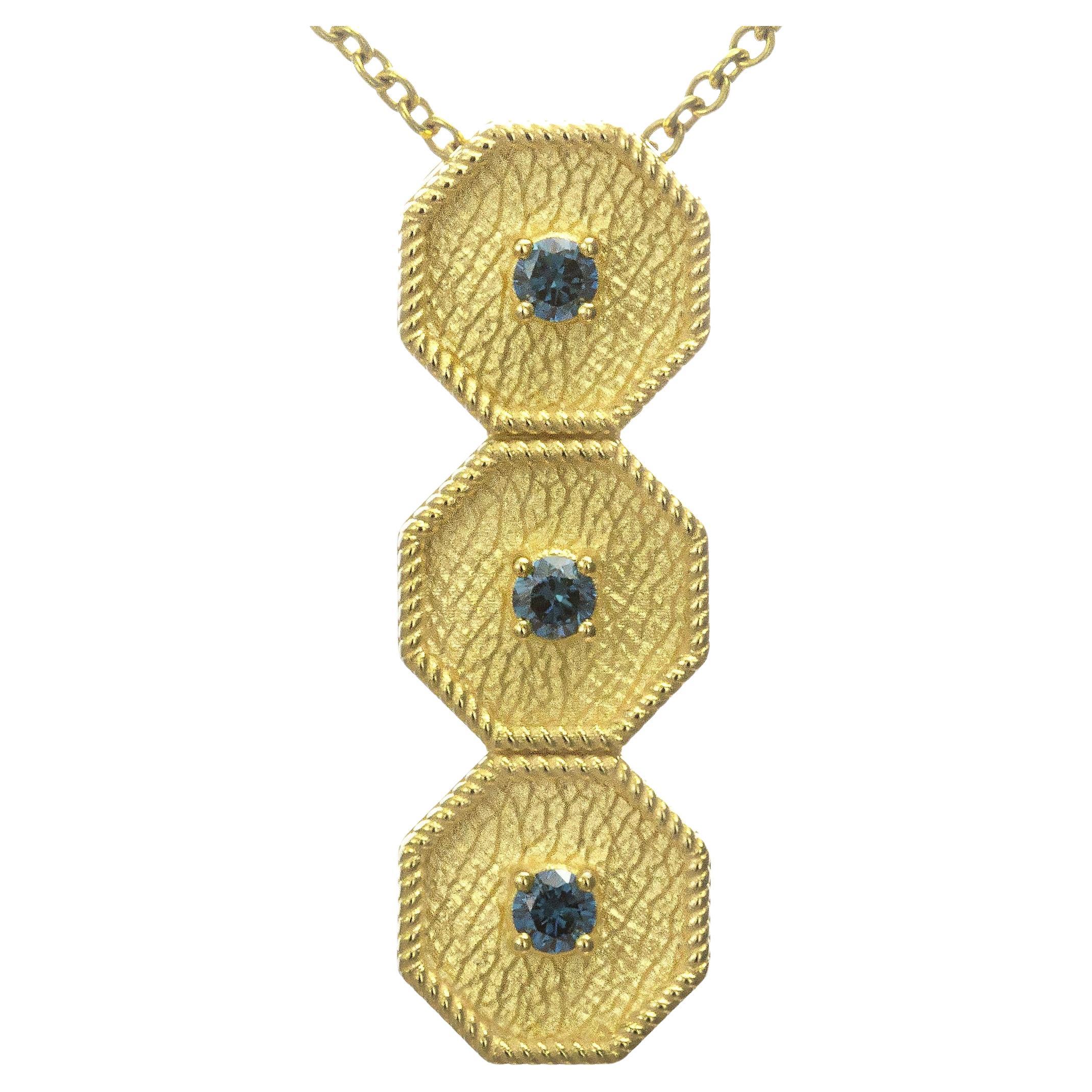 Byzantine Polygon Gold Pendant with Blue Diamonds For Sale