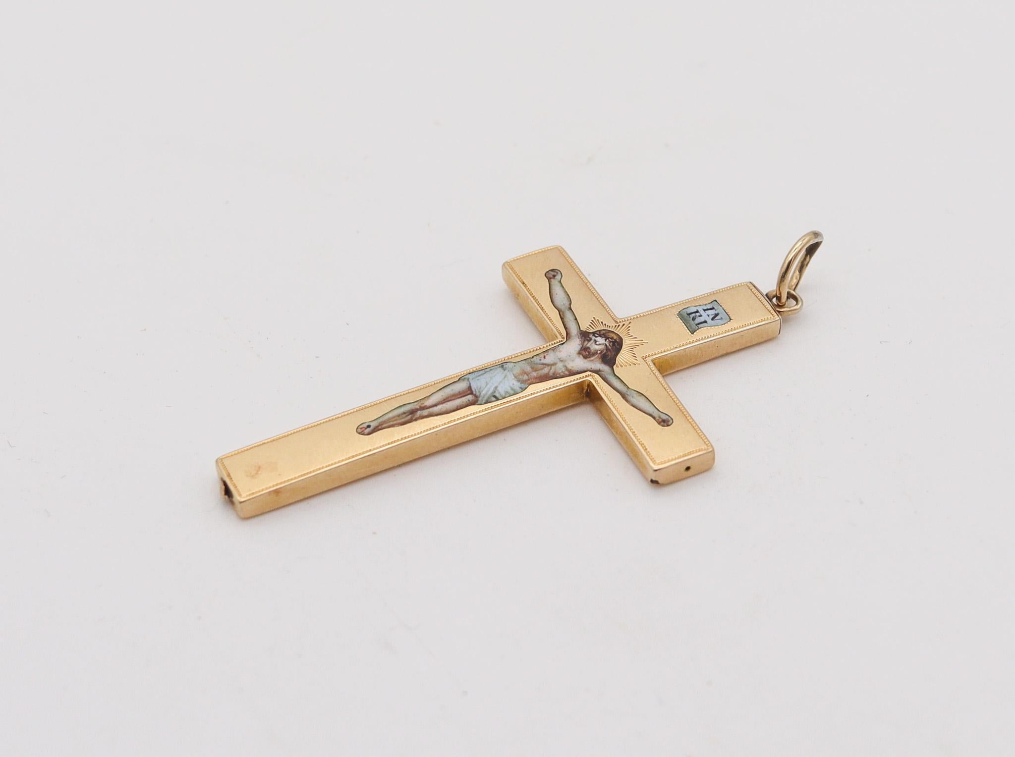 Byzantine revival enameled Cross

Fabulous antique cross, created in Europe in the middle of the 19th century, circa 1850. This exceptional rare cross has been crafted with Byzantine and renaissance revival patterns in solid yellow gold of 18 karats