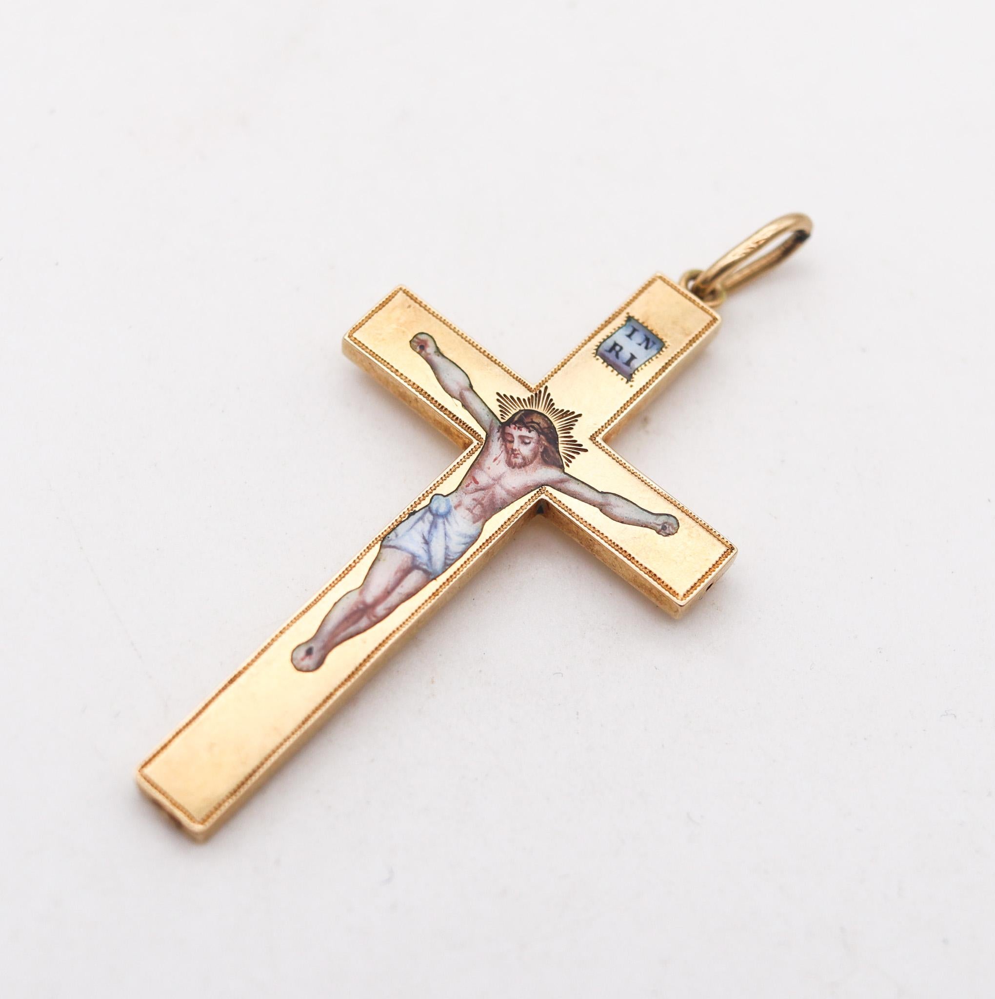 Byzantine revival enameled Christian Cross

Fabulous antique cross, created in Europe in the middle of the 19th century, circa 1850. This exceptional rare cross has been crafted with Byzantine and renaissance revival patterns in solid yellow gold of