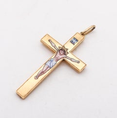 BYZANTINE Revival 1850 Enameled Polychrome Cross In Solid 18Kt Yellow Gold