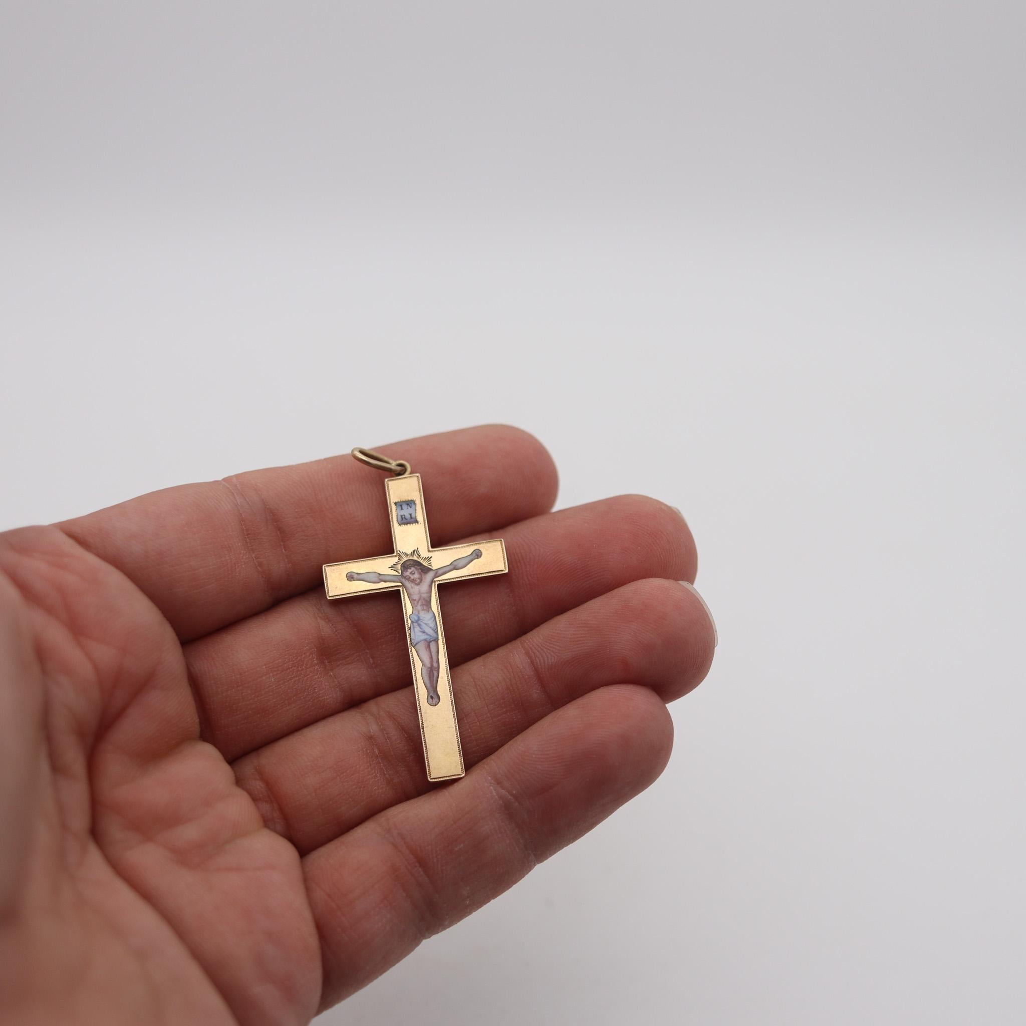 Women's or Men's Byzantine Revival 1850 Enameled Polychrome Cross In Solid 18Kt Yellow Gold For Sale