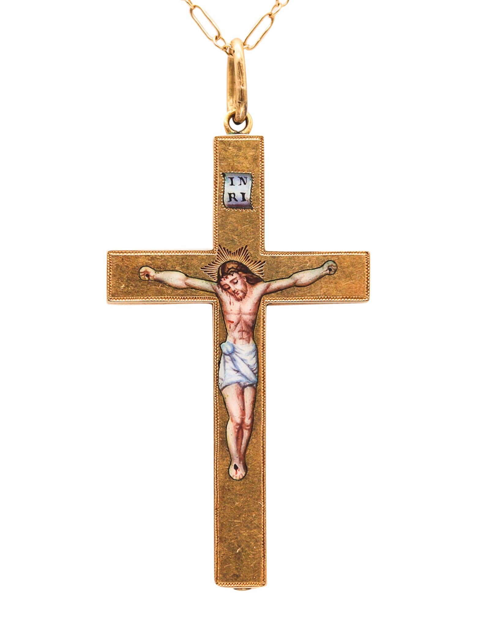 Emailliertes polychromes Kreuz aus massivem 18 Karat Gelbgold im byzantinischen Revival-Stil von 1850 im Angebot