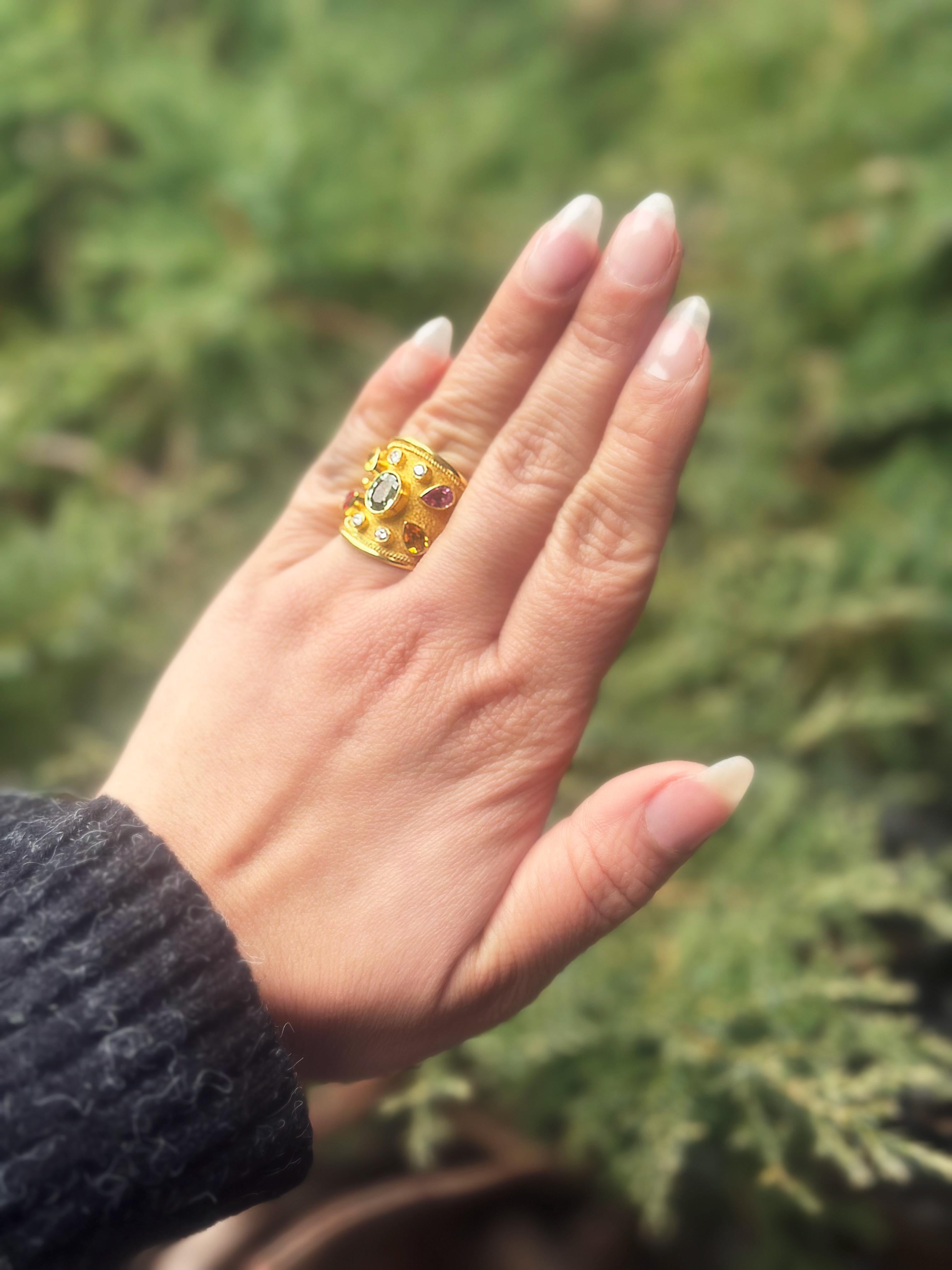 Brilliant Cut Byzantine Ring with Fancy Colored Sapphires and Diamonds in 18k Yellow Gold For Sale