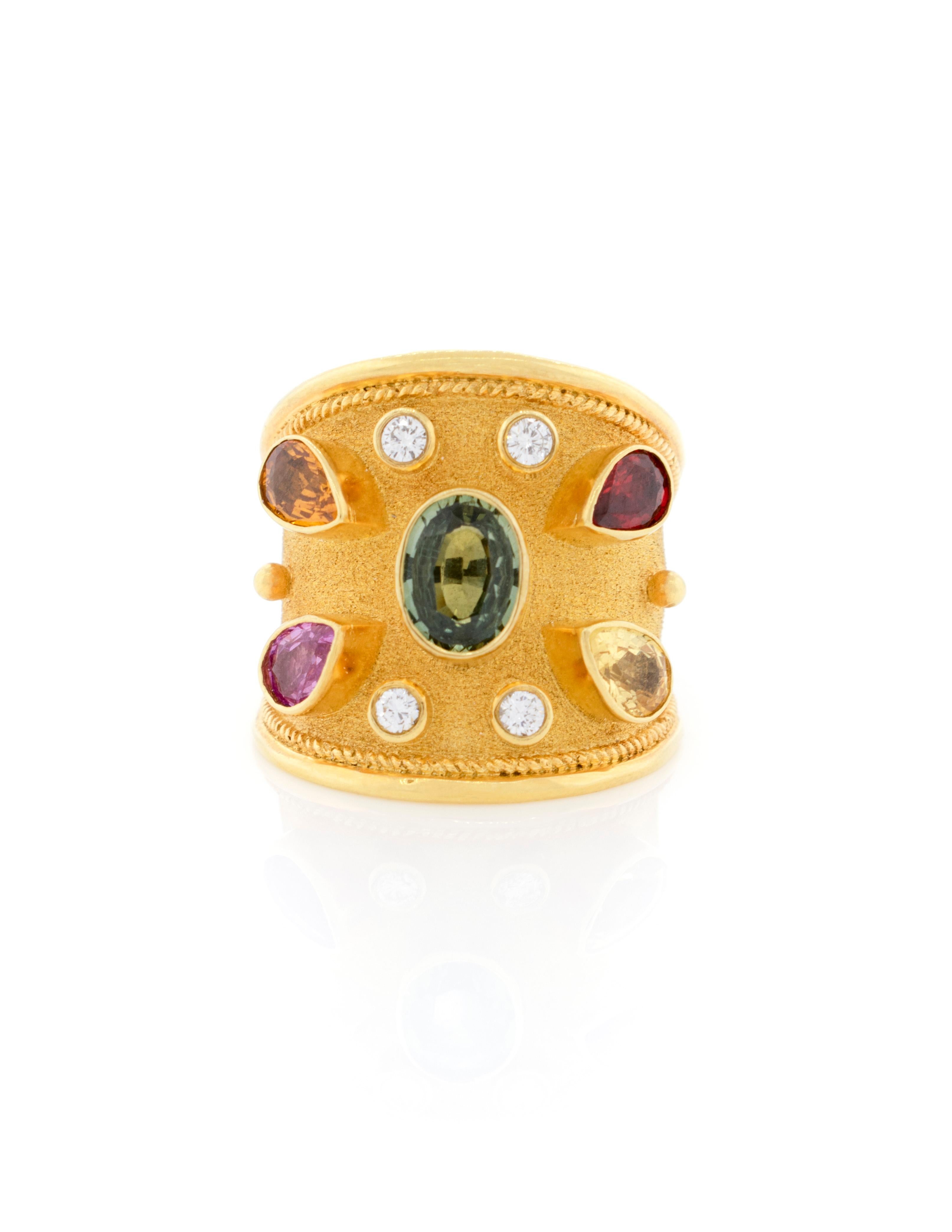 Byzantine Ring with Fancy Colored Sapphires and Diamonds in 18k Yellow Gold In New Condition For Sale In Boone, NC