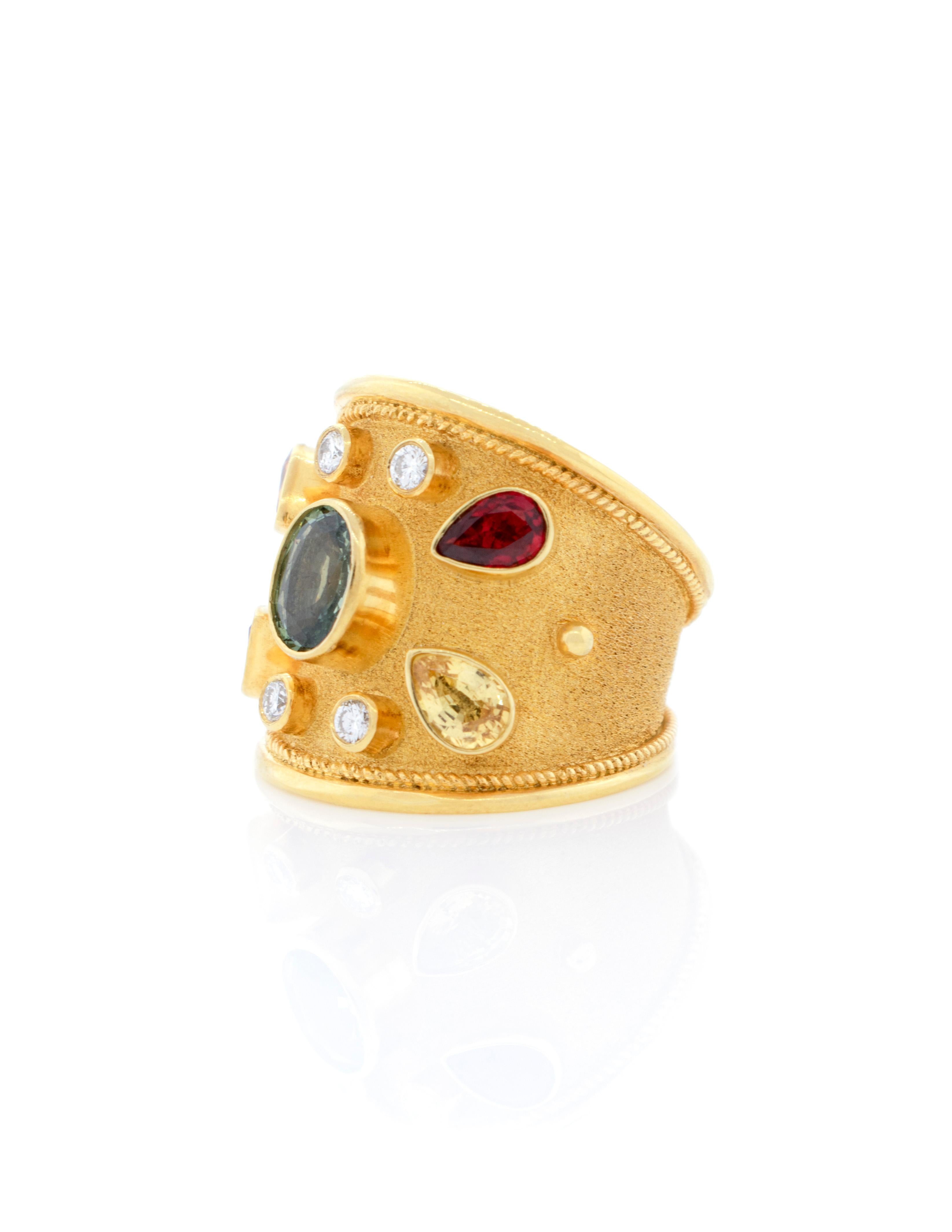 Women's Byzantine Ring with Fancy Colored Sapphires and Diamonds in 18k Yellow Gold For Sale